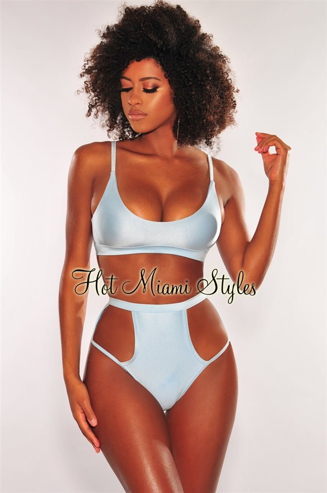 Sexy Iced Blue High Waist Bikini Bottom with Glistening Cut Out Design - Perfect for Beach Vacations, Pool Parties & Summer Getaways