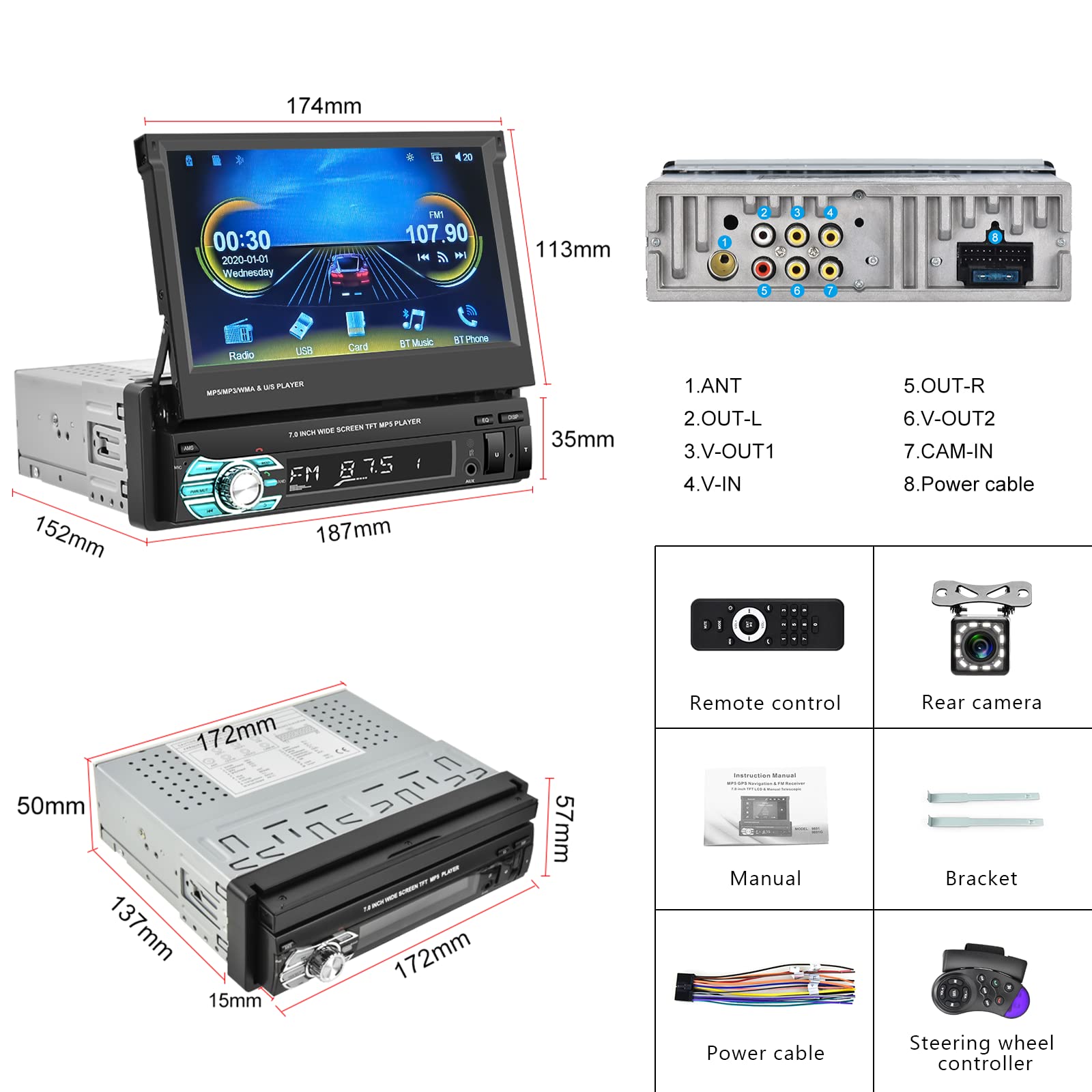 7 Inch Single Din Car Stereo with Apple CarPlay & Android Auto - Touch Screen Flip Out Car Radio with Bluetooth, FM, USB, TF, AUX Input & Reverse Camera - Perfect for Road Trips & Daily Commuting