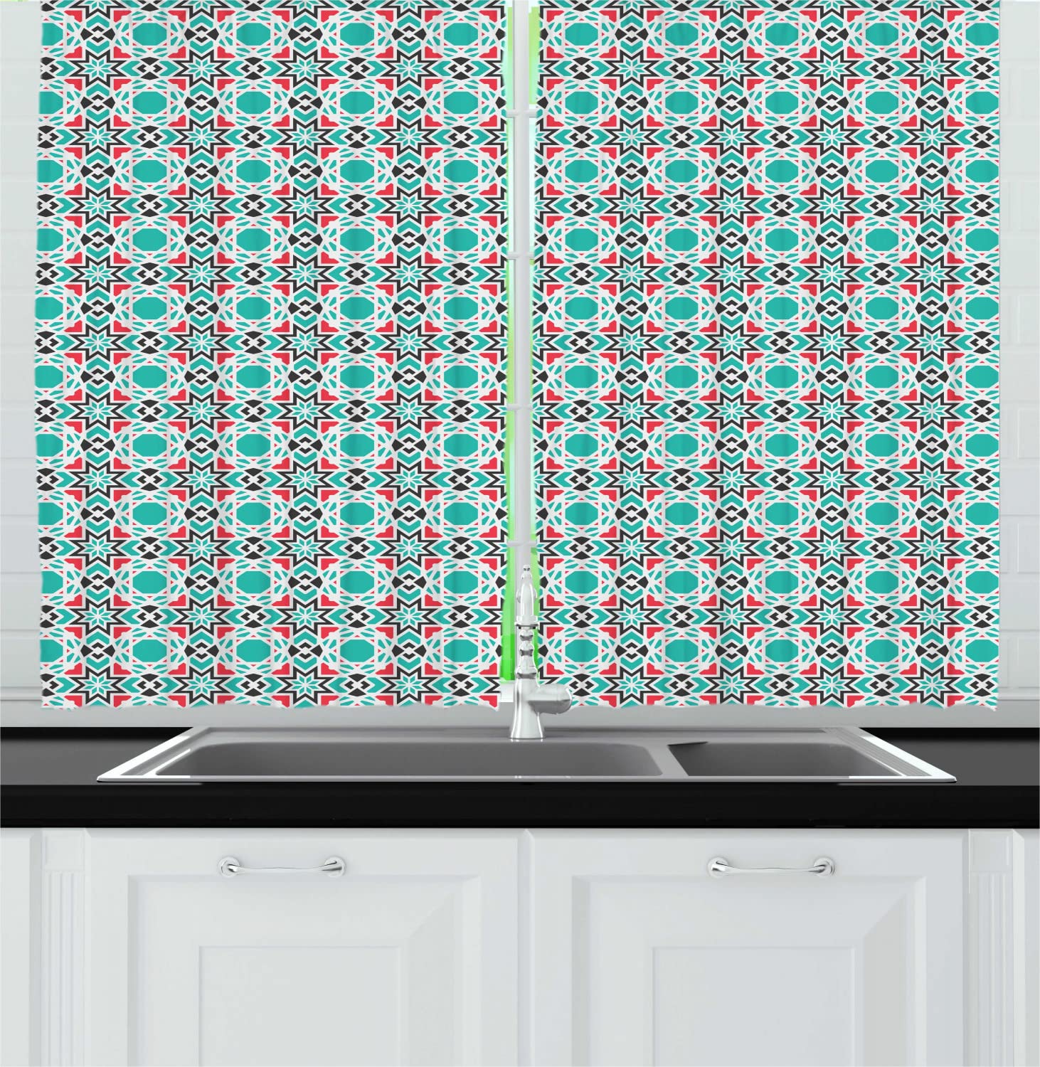 Ambesonne Ethnic Long Kitchen Curtains - Mosaic Mandala Design with Oriental Folkloric Pattern, 55