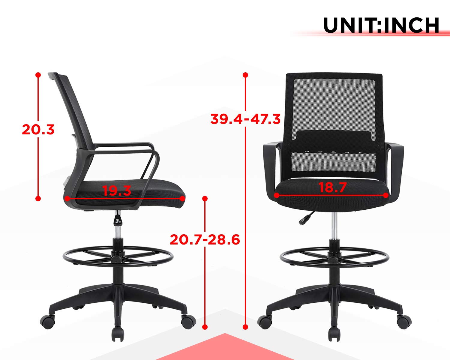 Ergonomic Mesh Drafting Chair with Adjustable Foot Ring - Tall Office Chair for Standing Desk - Mid Back Support Computer Chair for Home & Office Workspace - Black