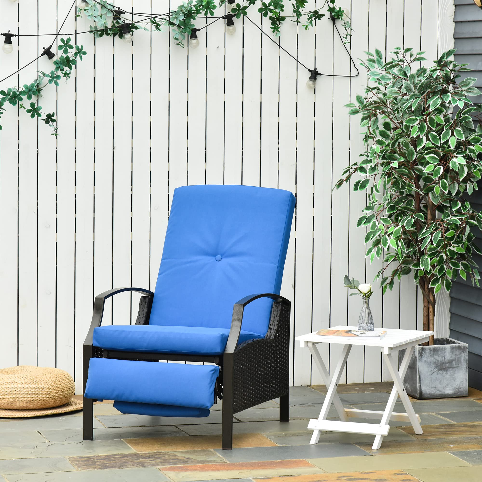 Outsunny Outdoor Recliner Chair - Adjustable Patio Lounge Chair with Comfortable Cushions, Footrest & Armrests - PE Wicker Furniture for Balcony, Porch, Backyard - Perfect for Relaxing, Sunbathing & Outdoor Lounging (Blue)