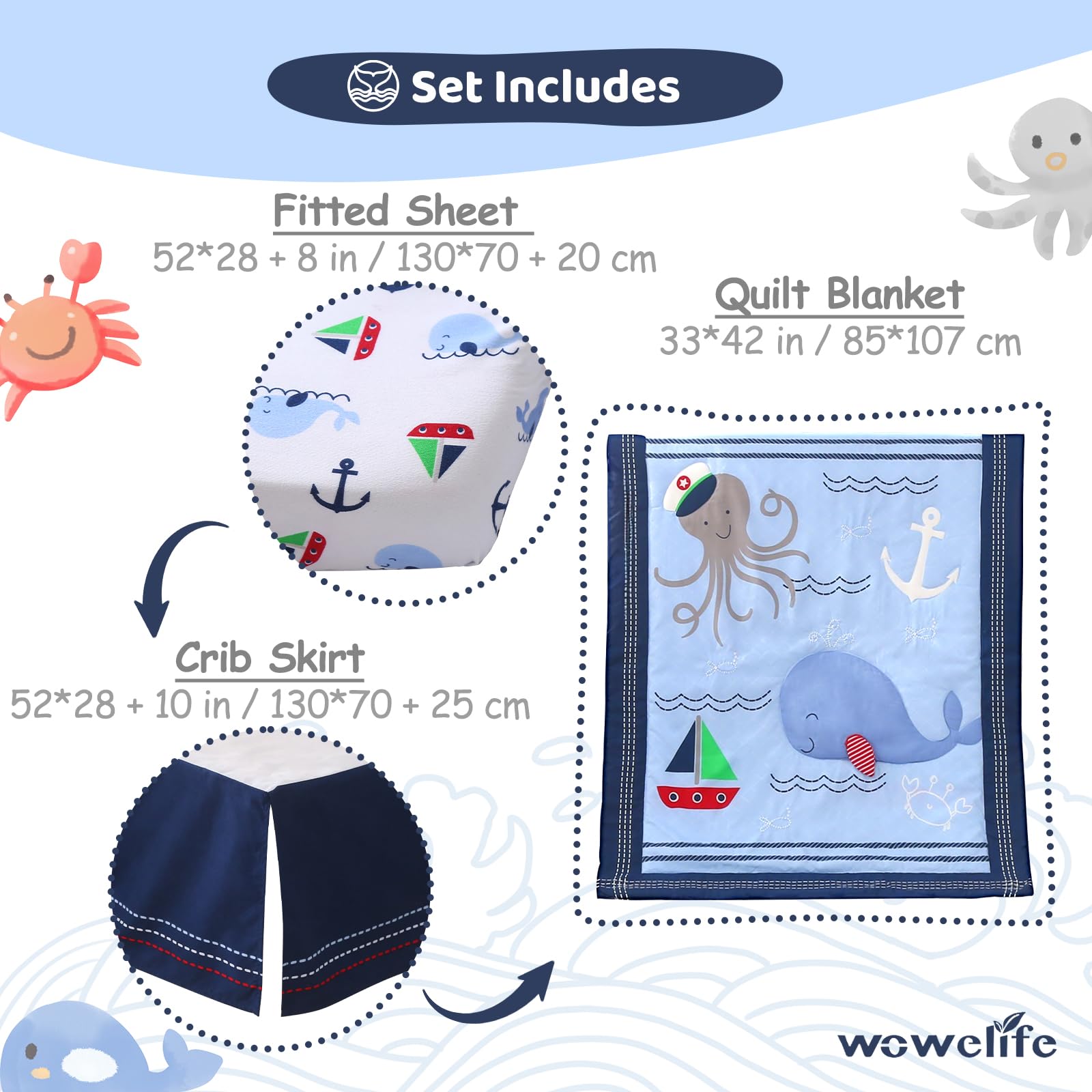 Wowelife 3-Piece Nautical Whale Crib Bedding Set - Ocean Theme Nursery Comforter, Fitted Sheet & Skirt | Soft Baby Boy Girl Bed Set for Coastal Nursery Decor