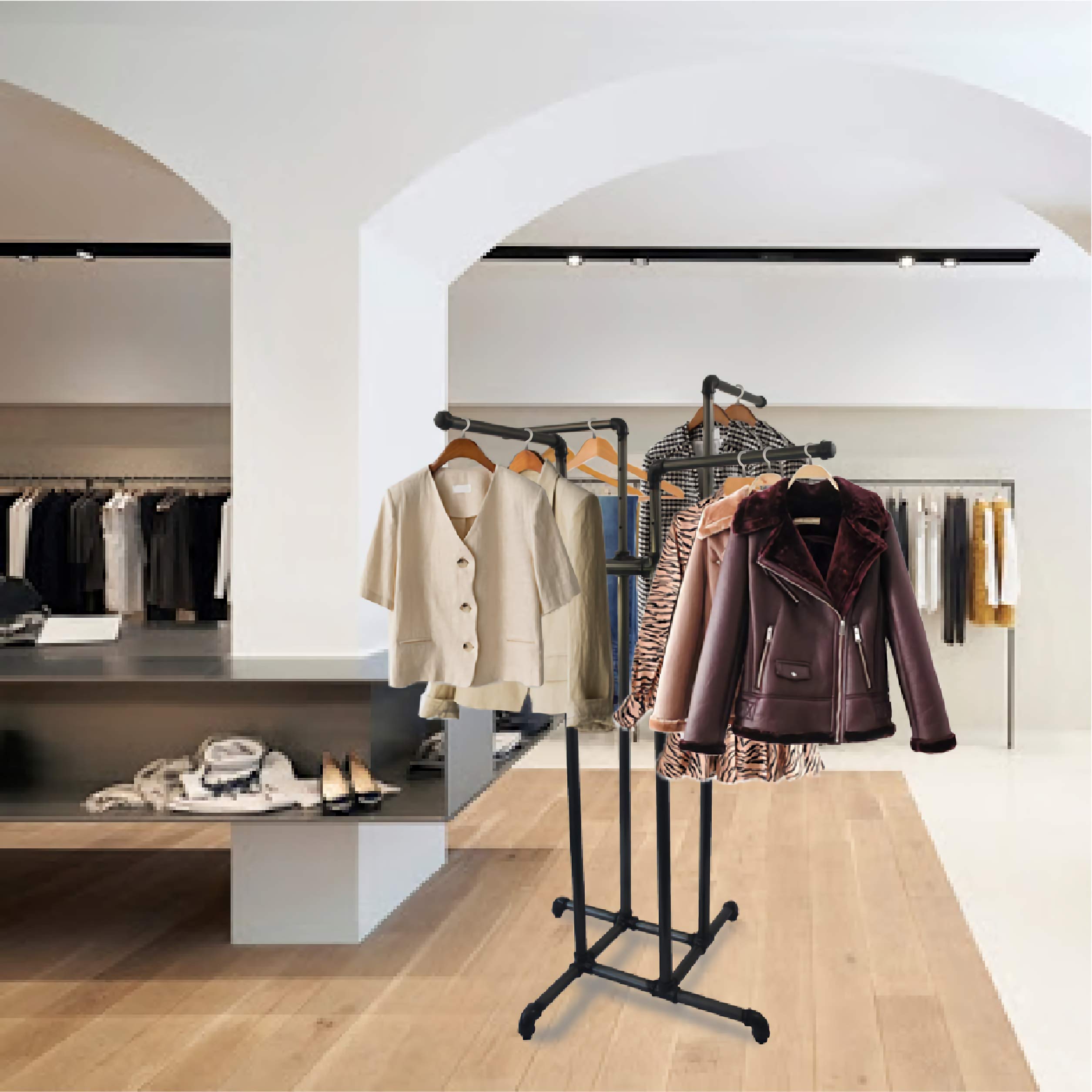 HK FIXTURES Adjustable 4-Way Industrial Pipe Garment Rack - Heavy Duty Clothing Display for Retail Stores, Boutiques & Commercial Use | Perfect for Shop Displays, Warehouse Organization & Fashion Showrooms