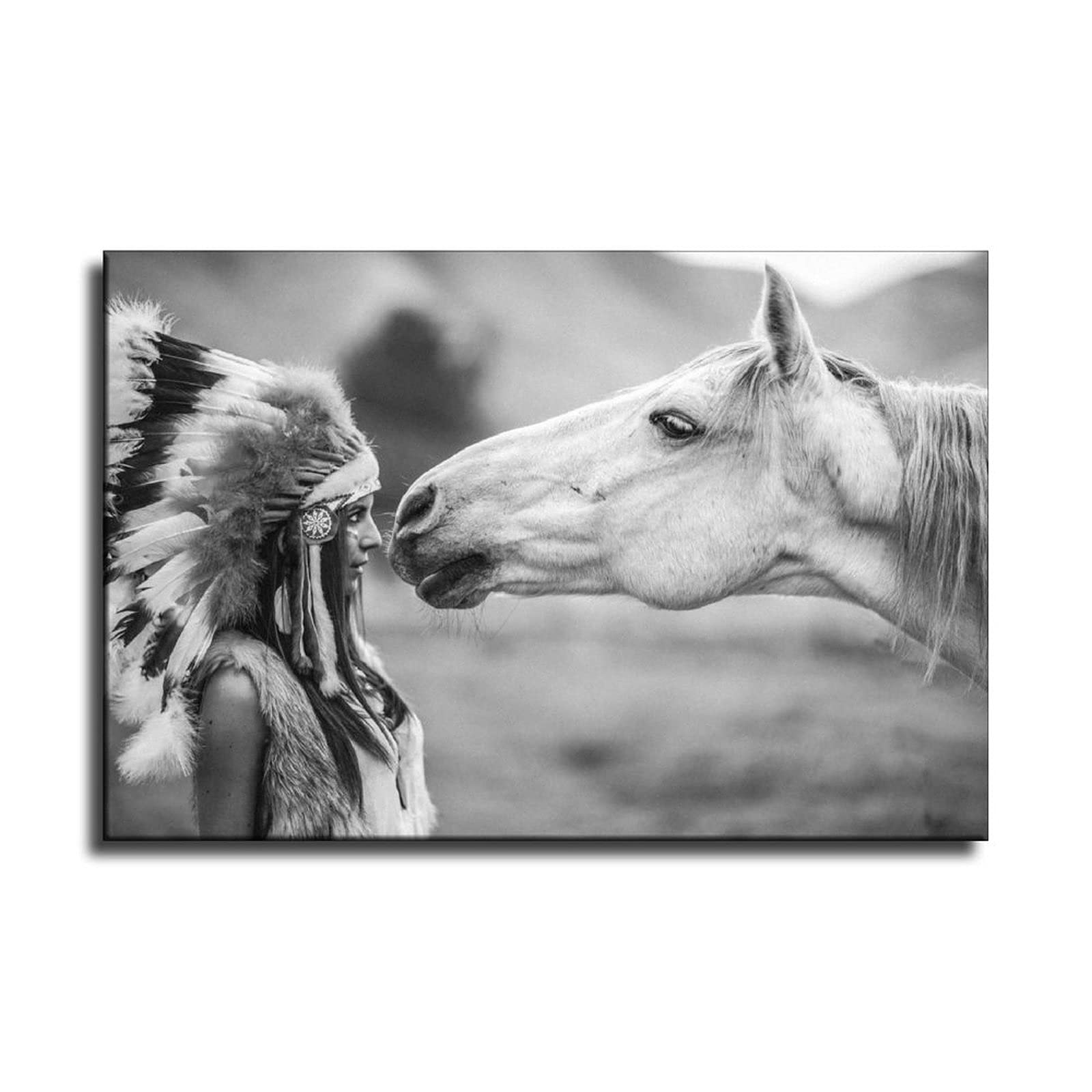 Native American Indian Girl & Horse Tribal Headdress Canvas Wall Art - 08x12inch (20x30cm) Home Decor Painting for Living Room, Bedroom & Office | Western Theme Decor, Southwest Style Interior Design