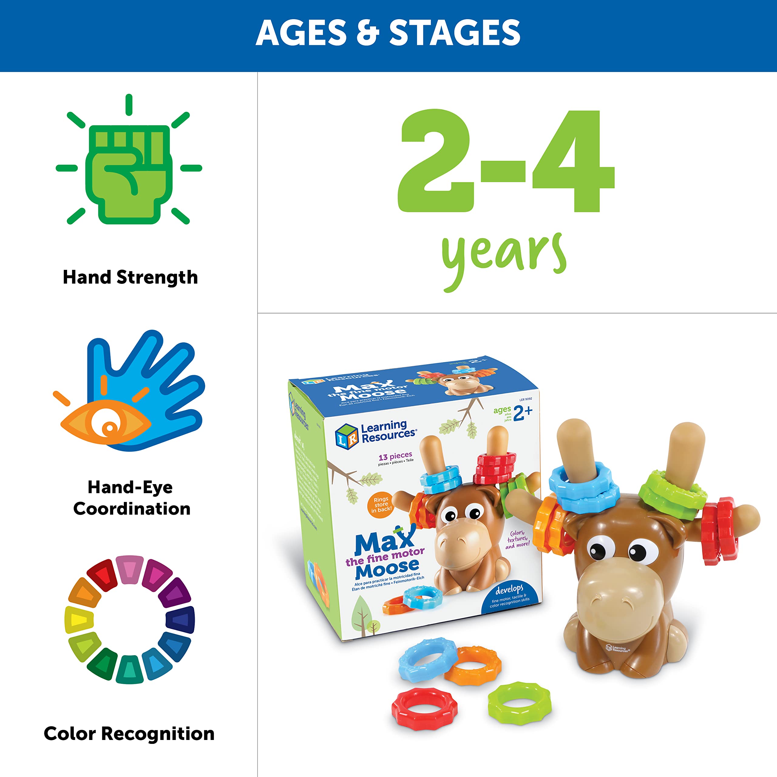 Learning Resources Max the Fine Motor Moose - 13-Piece Toddler Learning Toy for Fine Motor Skills Development, Preschool Educational Toys for Kids Ages 2+ | Perfect for Early Childhood Development & Classroom Activities