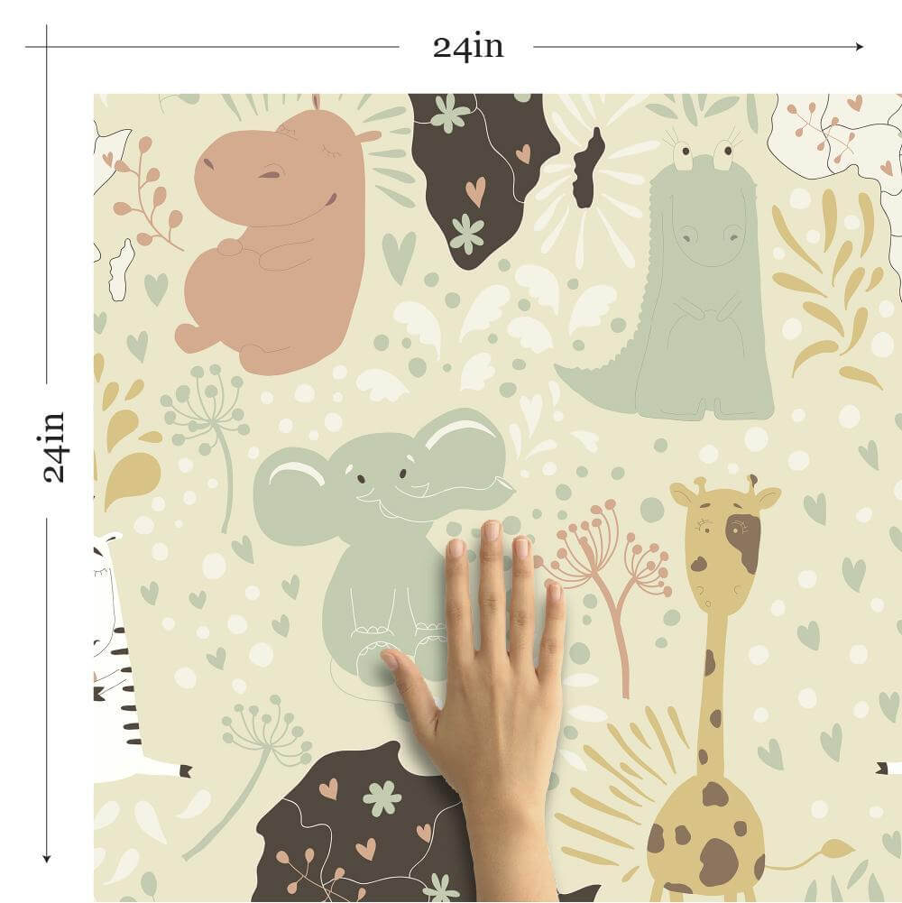 Pink and Green Animals Baby Peel and Stick Removable Wallpaper - Self-Adhesive Nursery Decor for Kids Room, Bedroom, Playroom