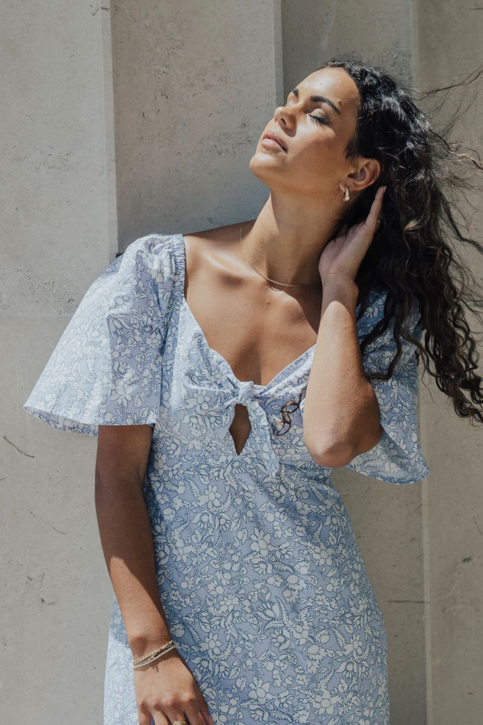 Innocent Cornflower Blue Baroque Floral Tie Front Short Sleeve Maxi Dress - Perfect for Summer Weddings, Beach Vacations & Boho Fashion