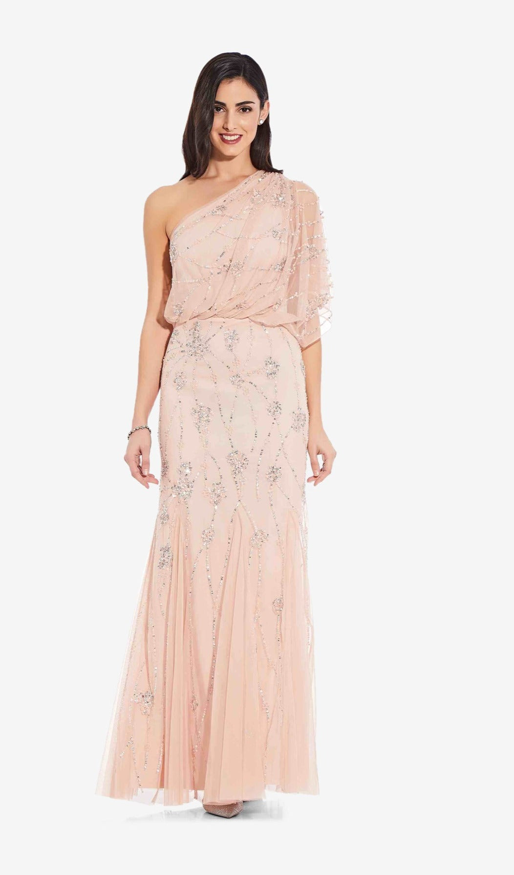 Adrianna Papell One Shoulder Beaded Gown - Elegant Blush Evening Dress for Prom, Wedding & Formal Events