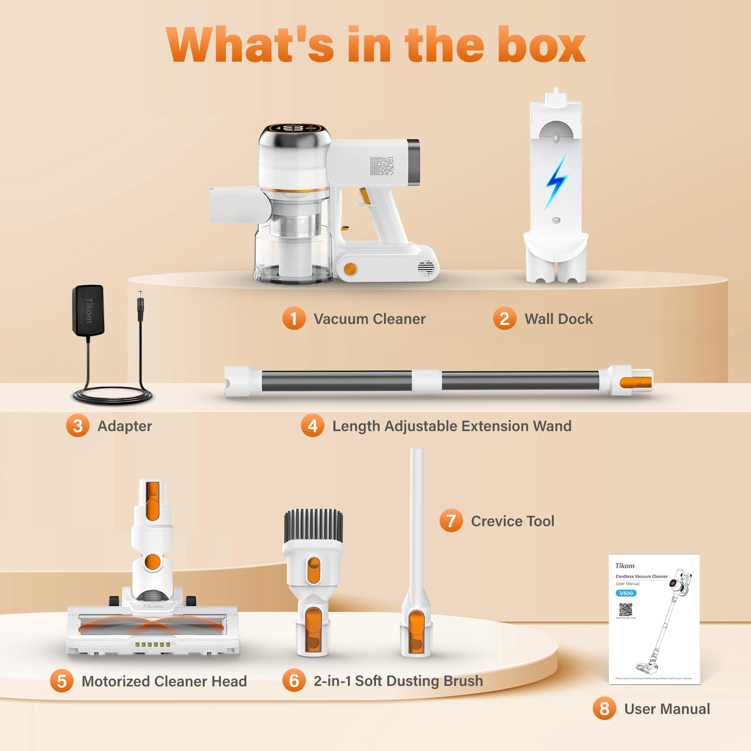 Tikom V500 Cordless Stick Vacuum Cleaner - 40000Pa/450W Powerful Suction, LED Touch Screen, Lightweight Handheld for Pet Hair, Hard Floors & Carpets - Includes Charging Wall Dock & Anti-Tangle Technology - Perfect for Home Cleaning, Car Detailing & Pet Owners