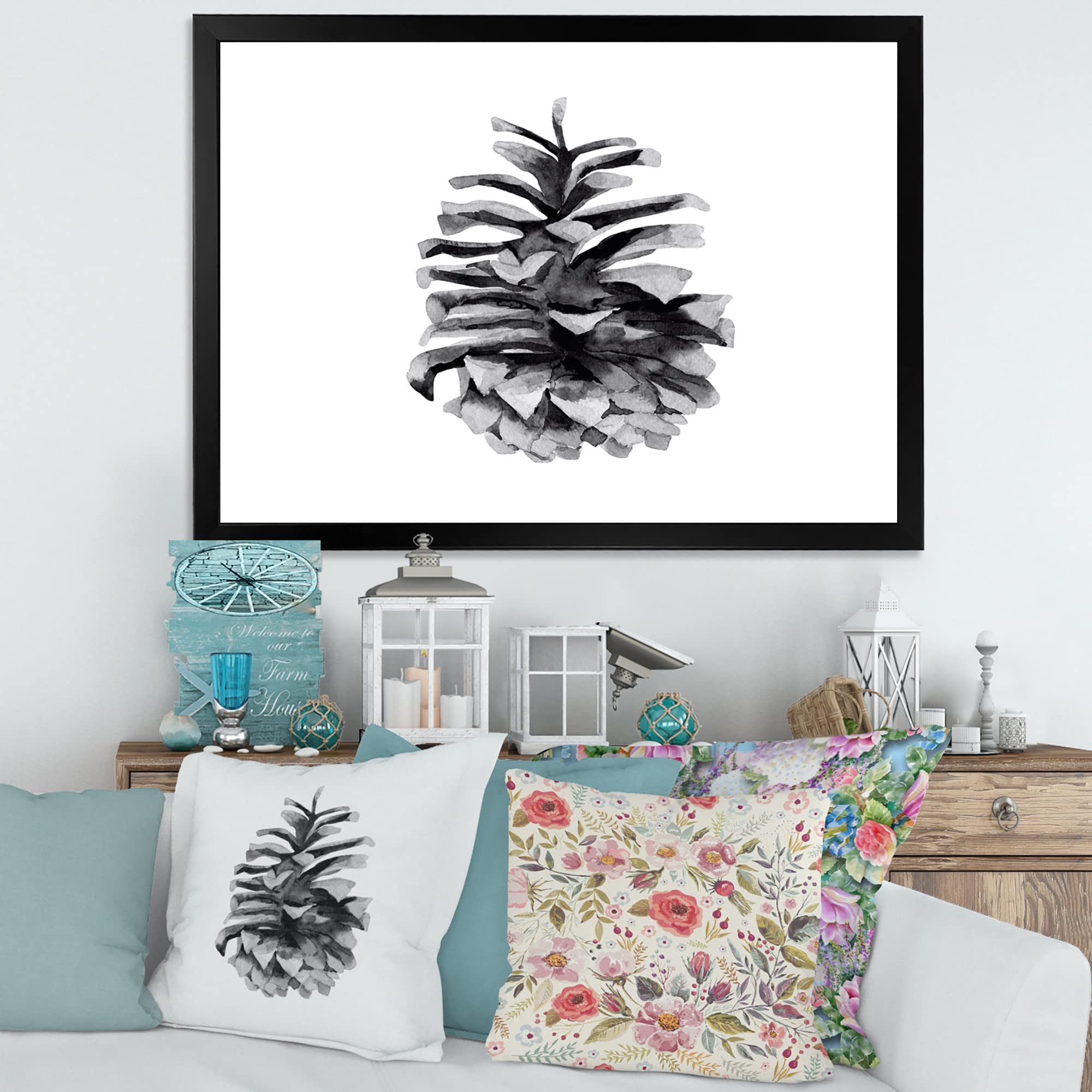 Conifer Cone Monochrome Traditional Framed Wall Art - Black & White Pine Tree Canvas Print for Living Room, Bedroom, Office Decor