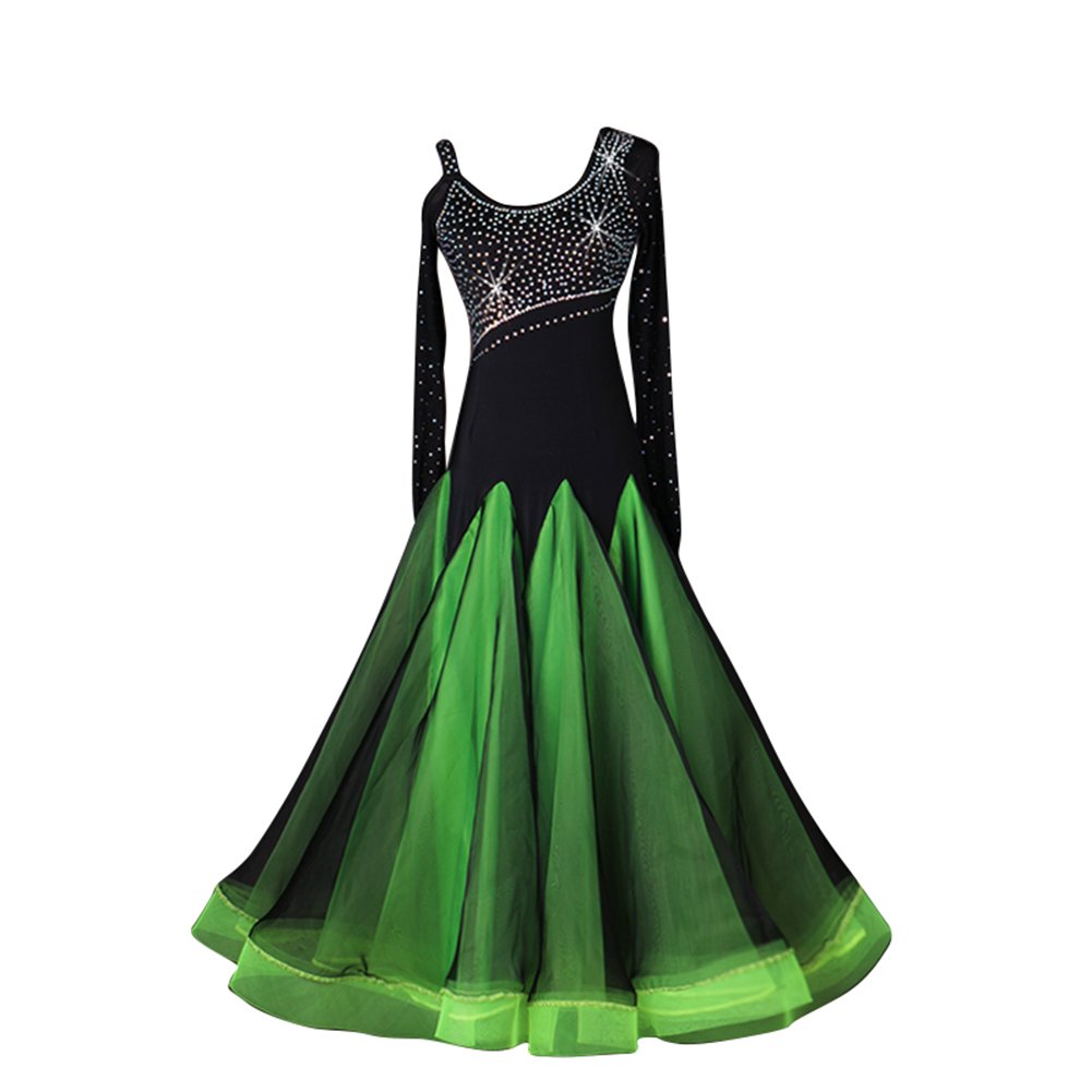 Elegant Green Ballroom Competition Dress for Women with Rhinestones & Long Sleeves - Perfect for Latin, Standard Dance & Performances