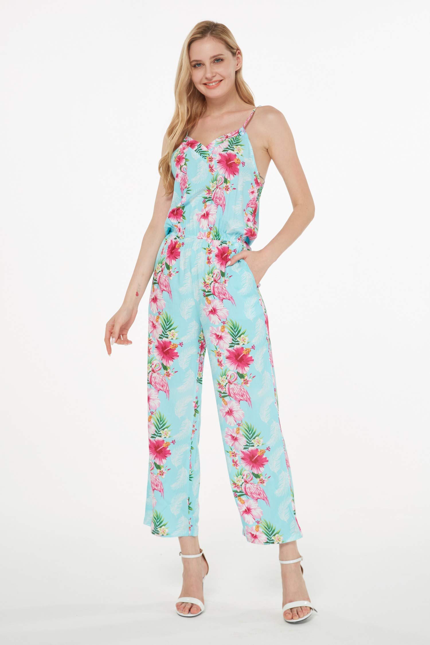 Women's Hawaiian Strap V-Neck Jumpsuit with Pockets - Pink Hibiscus Vine Print - Beach Cover Up, Summer Vacation Outfit, Tropical Party Dress