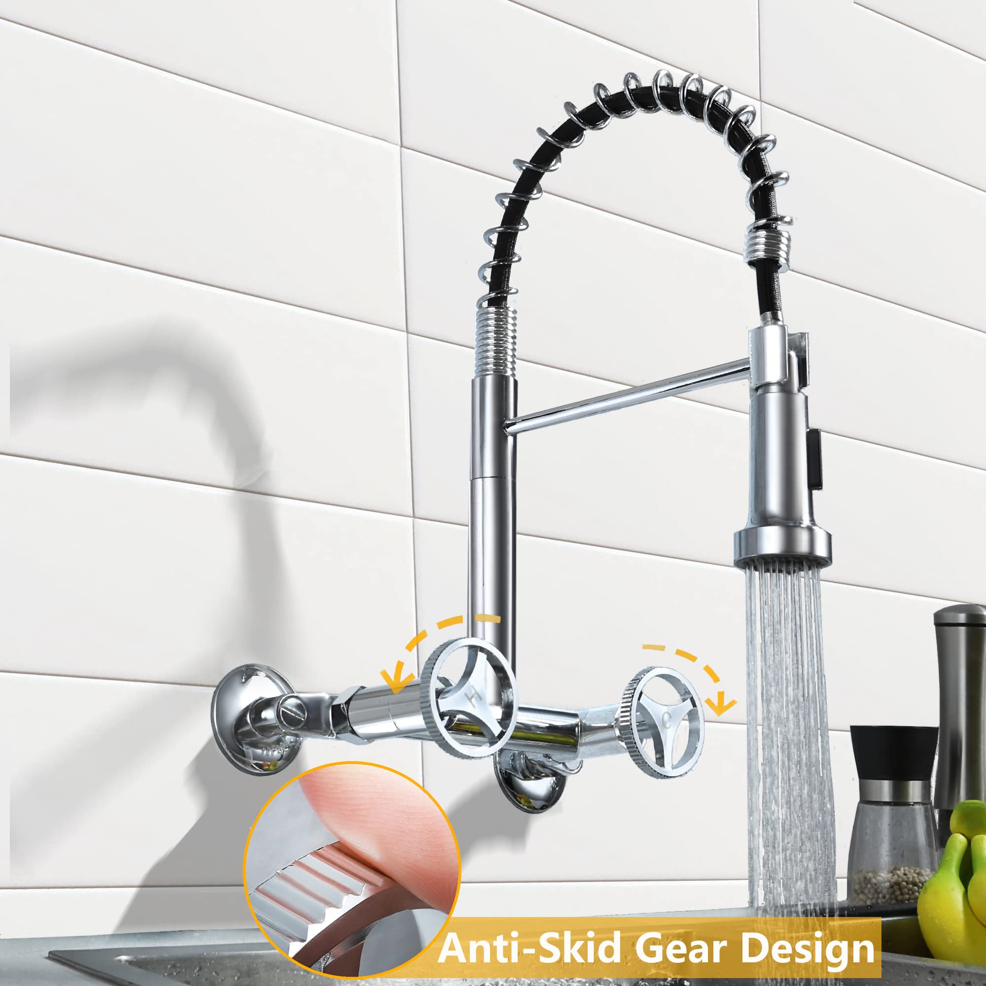 8 Inch Wall Mount Commercial Kitchen Faucet with Pull Down Sprayer - 360° Swivel Polished Chrome Sink Faucet for Restaurant, Food Truck & Home Kitchen Use