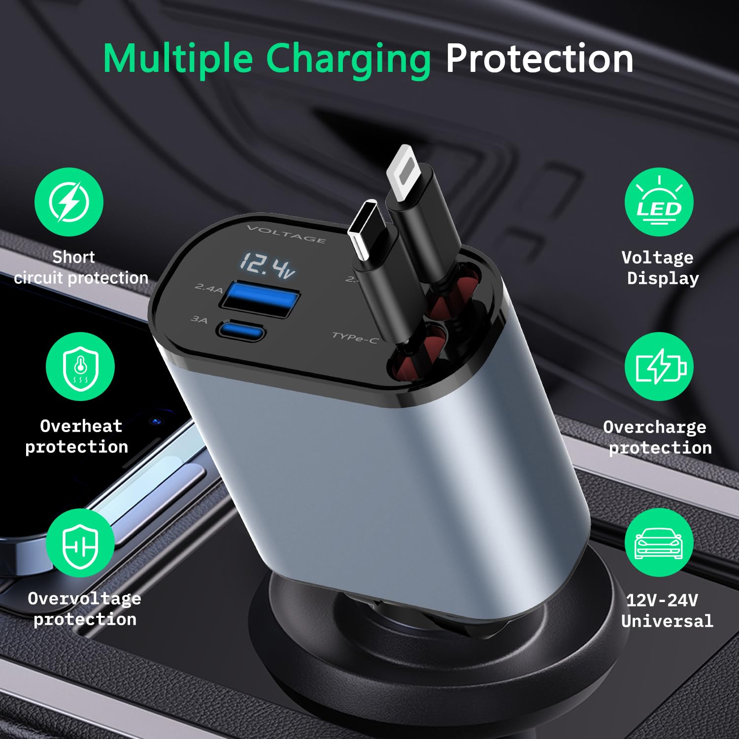 Paiholy 100W 4-in-1 Retractable Car Charger with Dual USB-C & USB-A Ports, Voltage Display & Built-in Cables - Fast Charging Compatible with iPhone 16/15/14/13/12, Samsung Galaxy S24/S23, Google Pixel - Perfect for Road Trips, Commuting & Multi-Device Charging On-The-Go