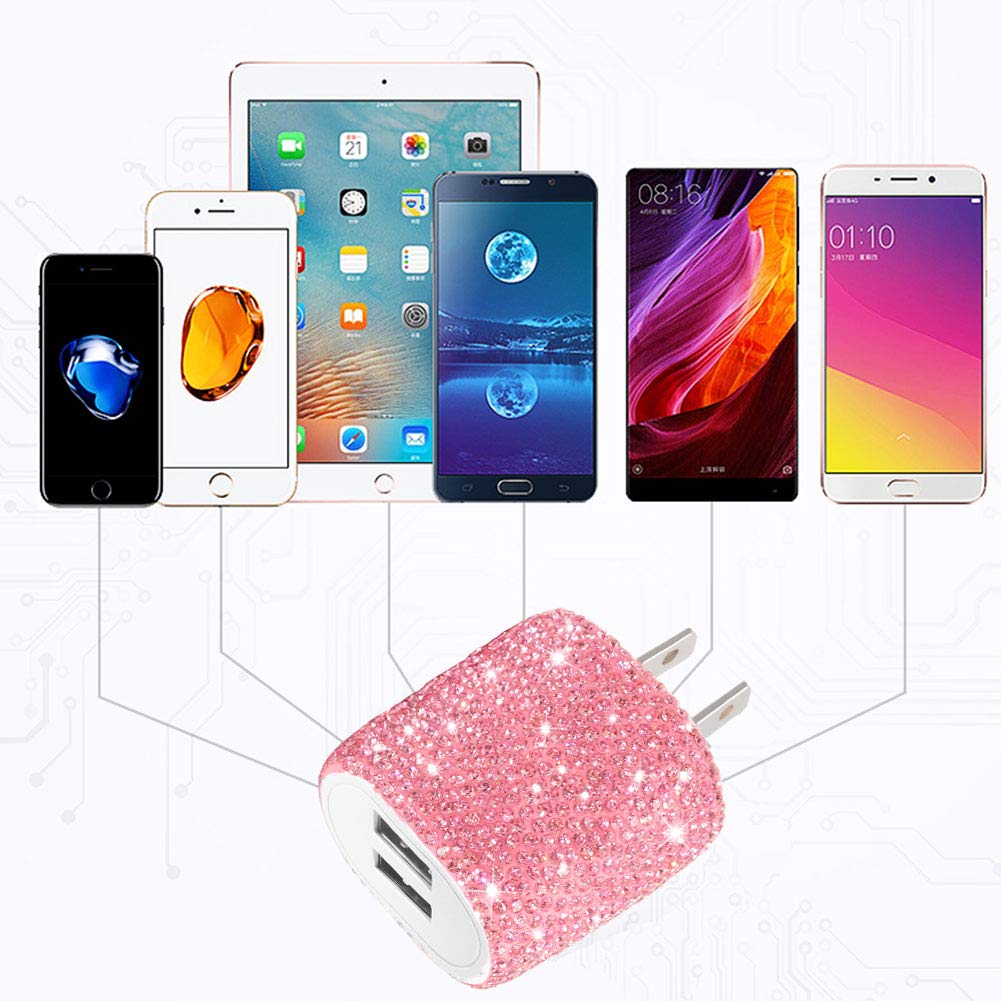 Pink USB Wall Charger 24W 5V/2.4A Dual Port Fast Charging Block for iPhone Android Samsung iPad Tablet - Perfect for Home Office Travel & Multiple Device Charging