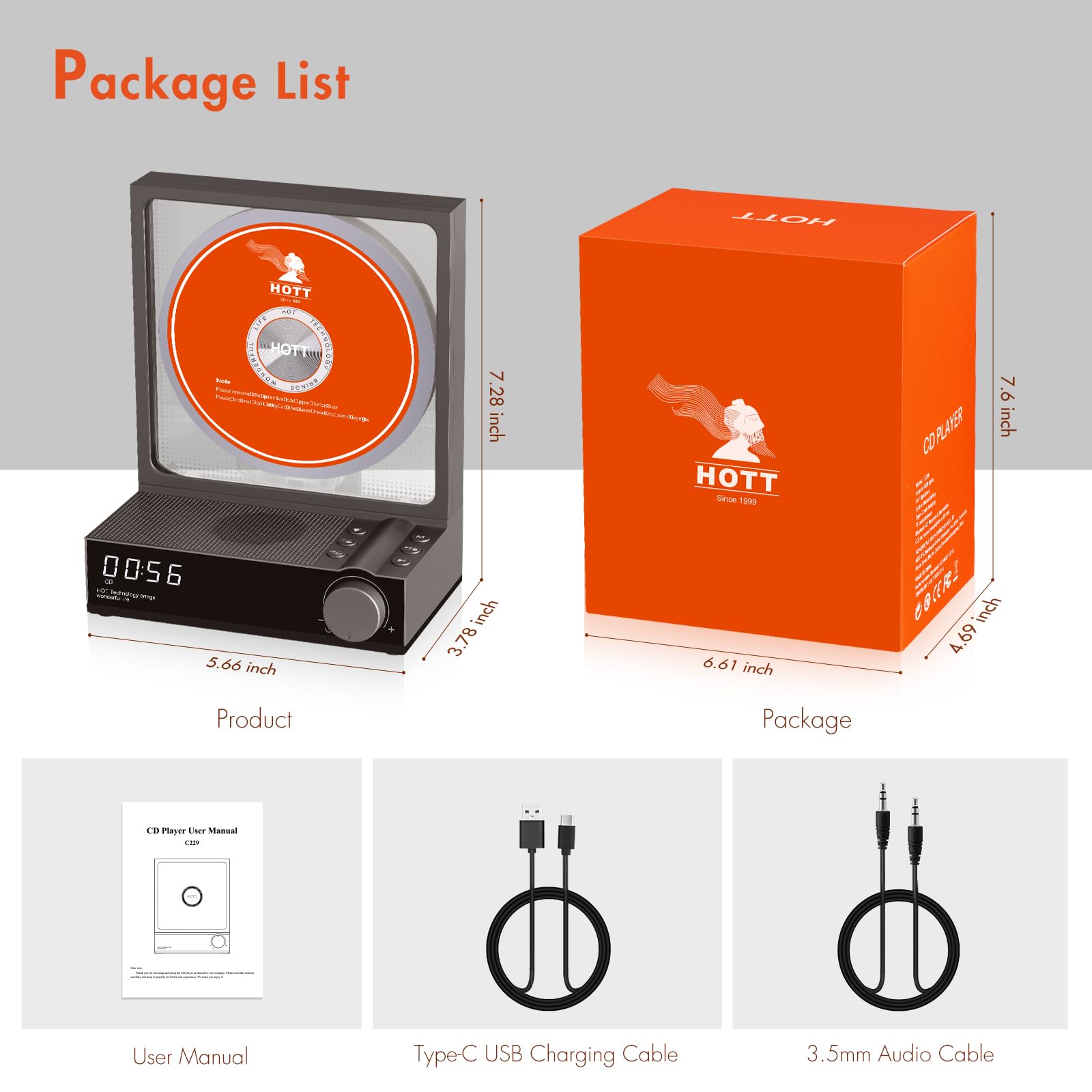 Portable Bluetooth CD Player with HiFi Speakers - 5.3 Wireless, RGB Lights, TF Card Slot & USB Recording - Desktop CD Player with LED Display for Home, Office & Car Use (Grey)