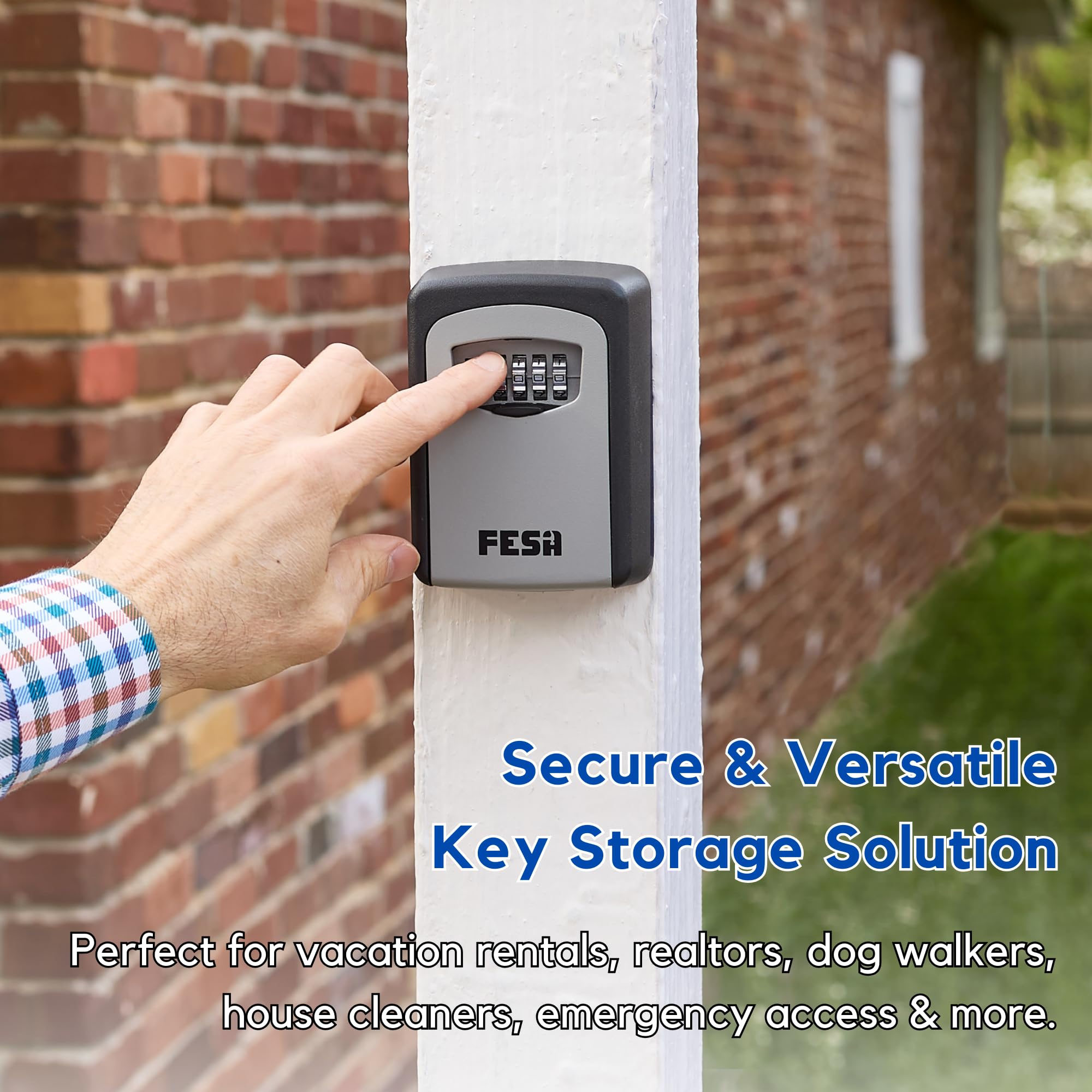 FESA Outdoor Key Lock Box - 4-Digit Combination Lock Box for Keys & Car Key Fobs - Wall Mount or Hanging Key Storage - Secure Key Holder for Vacation Homes, House Sitters, Realtors - Ideal for Airbnb Hosts, Property Managers & Emergency Access