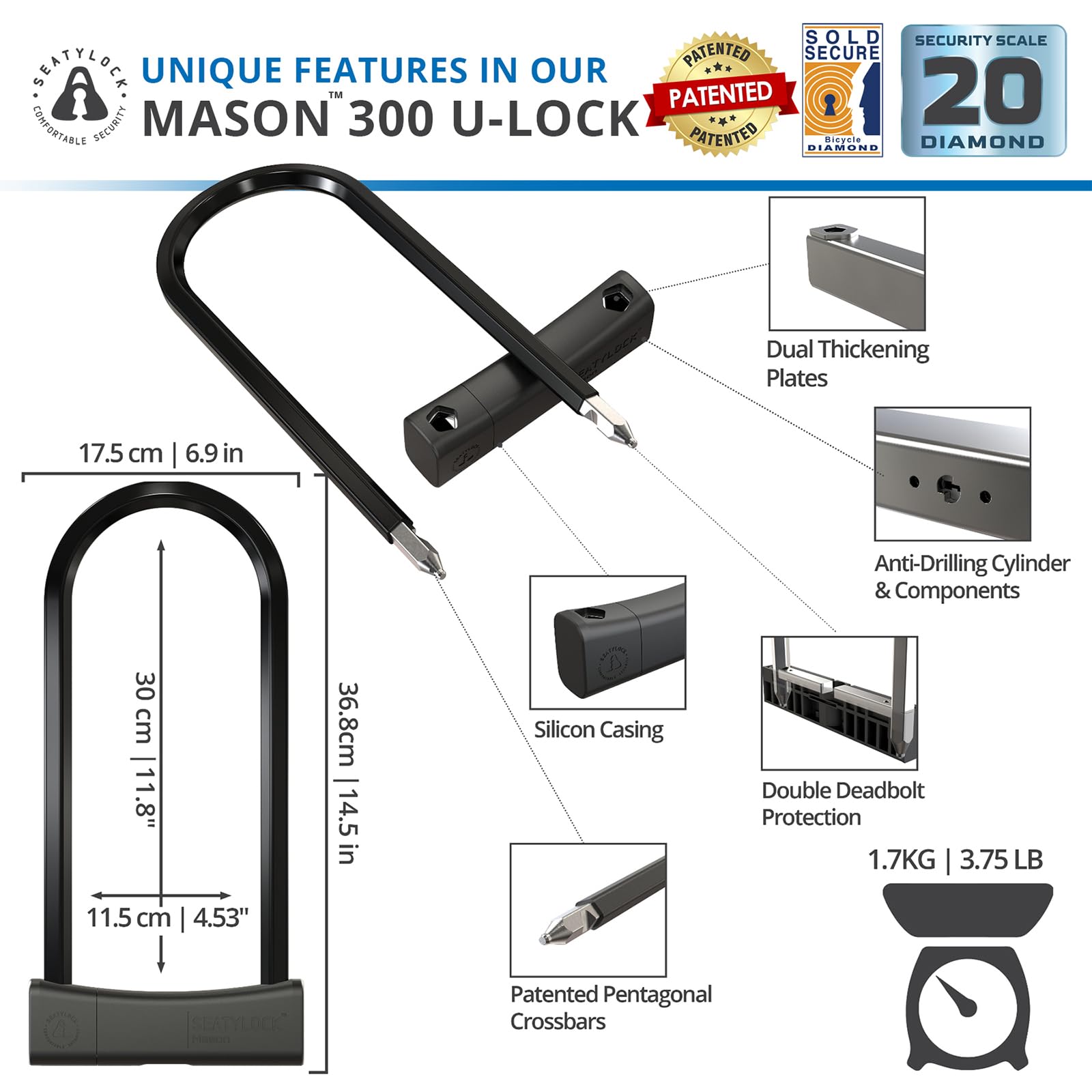 Seatylock Mason Heavy Duty Anti-Theft Bike U Lock - Patented Diamond Secure ULock for Electric, Mountain Bikes & Scooters - Ultra Security Bicycle Safety Tool with Keys - Perfect for Urban Commuting & Outdoor Cycling