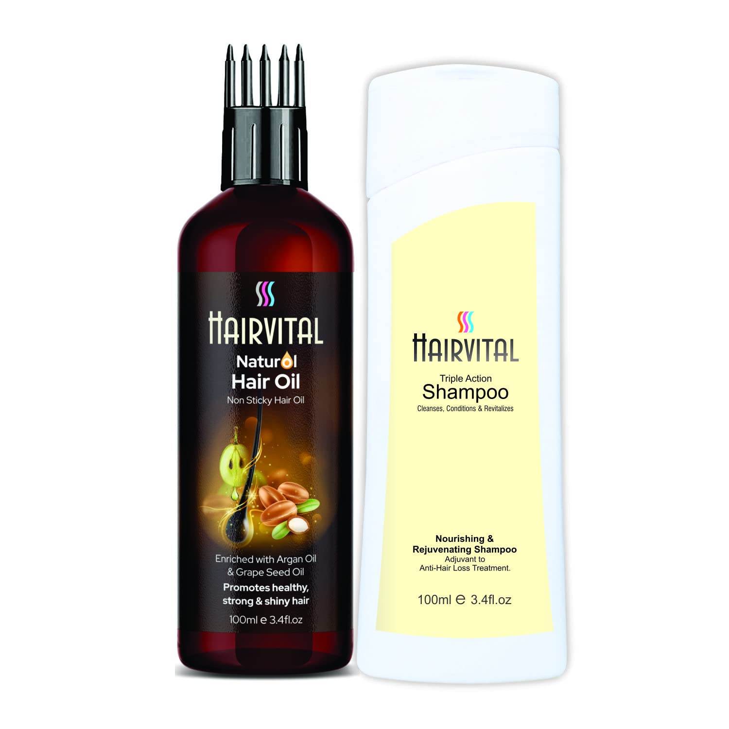 Hairvital Revitalizer Shampoo & Hair Oil Set (200ml) - Natural Hair Care with Aloe Vera, Jojoba Oil, Argan Oil & Grape Seed Oil - Repair Damaged Hair, Add Shine for Dry Frizzy Hair - Perfect for Daily Hydration & Salon-Like Treatment at Home