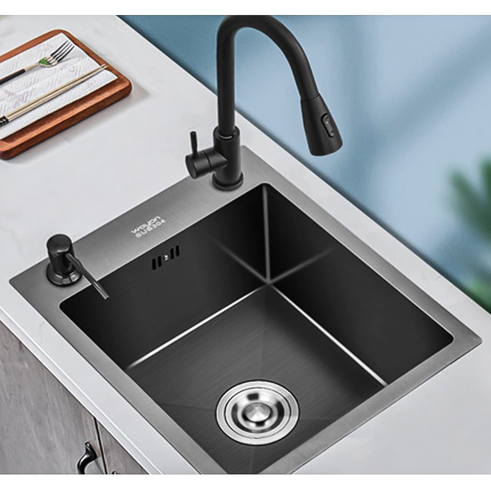 Premium 304 Stainless Steel Square Topmount Bar Sink with Faucet - Black-Grey Single Basin Drop-in Kitchen Sink (40x40cm) - Ideal for Small Workstations, Home Bars, and Compact Kitchens