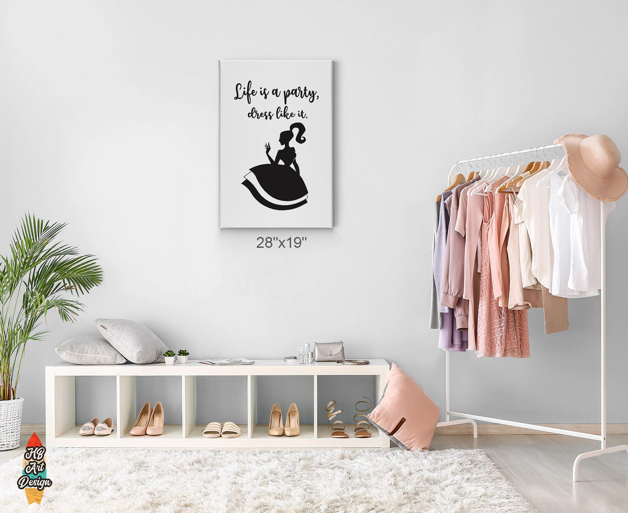 Life is a Party Dress Like It - Inspirational Quote Black & White Fashion Canvas Wall Art Print - Glam Home Decor for Office, Dorm, Bathroom, Living Room & Bedroom - Ready to Hang 36x24 Inches - Perfect Motivational Gift for Women & Girls