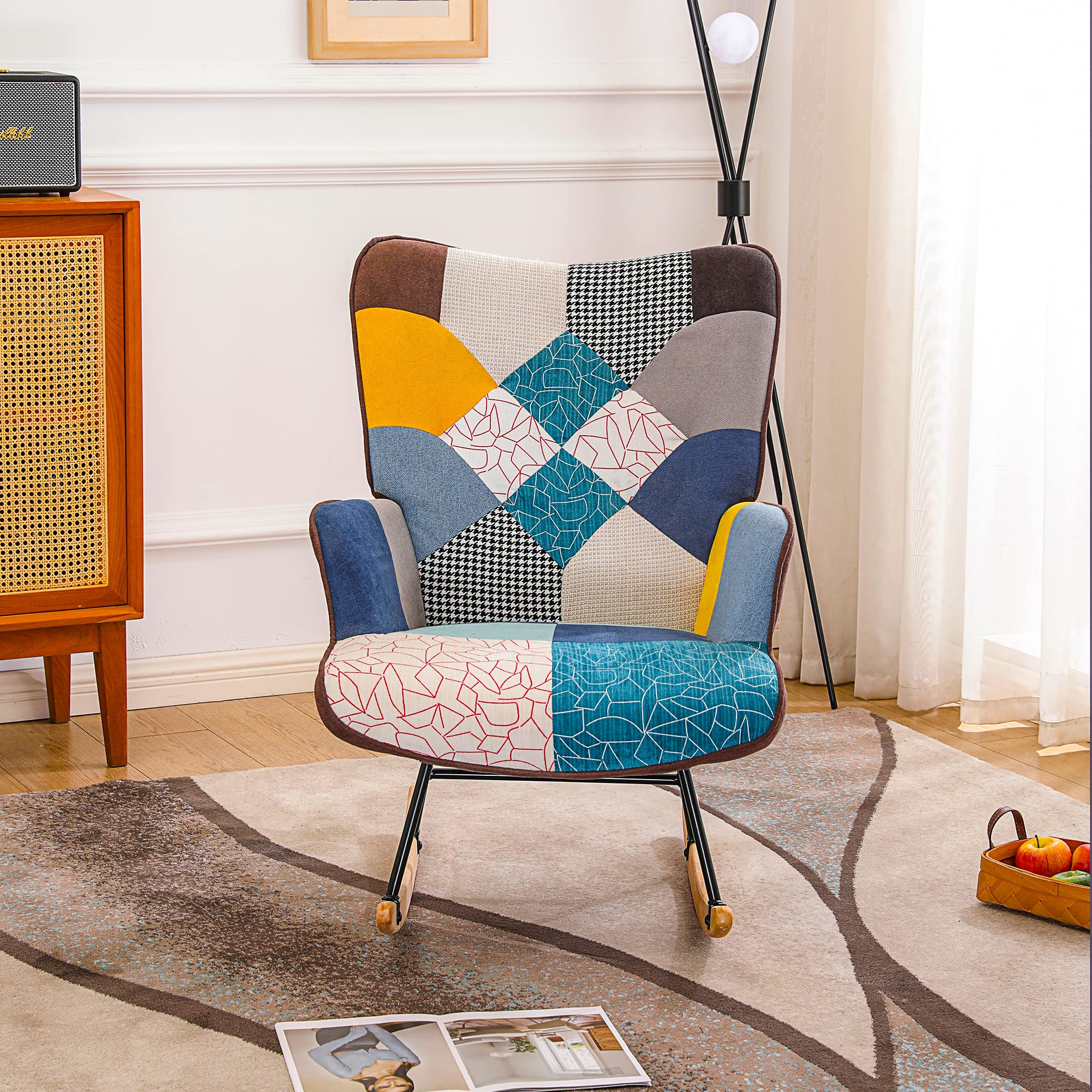 HomVent Upholstered Rocking Chair - Mid Century Modern Fabric Nursery Glider with Tall Back & Wood Base - Comfortable Accent Armchair for Adults & Kids - Perfect for Living Room, Bedroom, Nursery & Relaxation