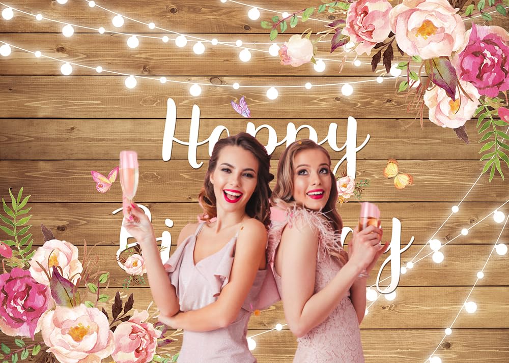 Rustic Wood Floral Birthday Backdrop - Spring Flower Wood Glitter Photography Background for Women, Kids & Adults - Perfect for Birthday Parties, Weddings, Photo Booths, Cake Table Decorations and Special Events