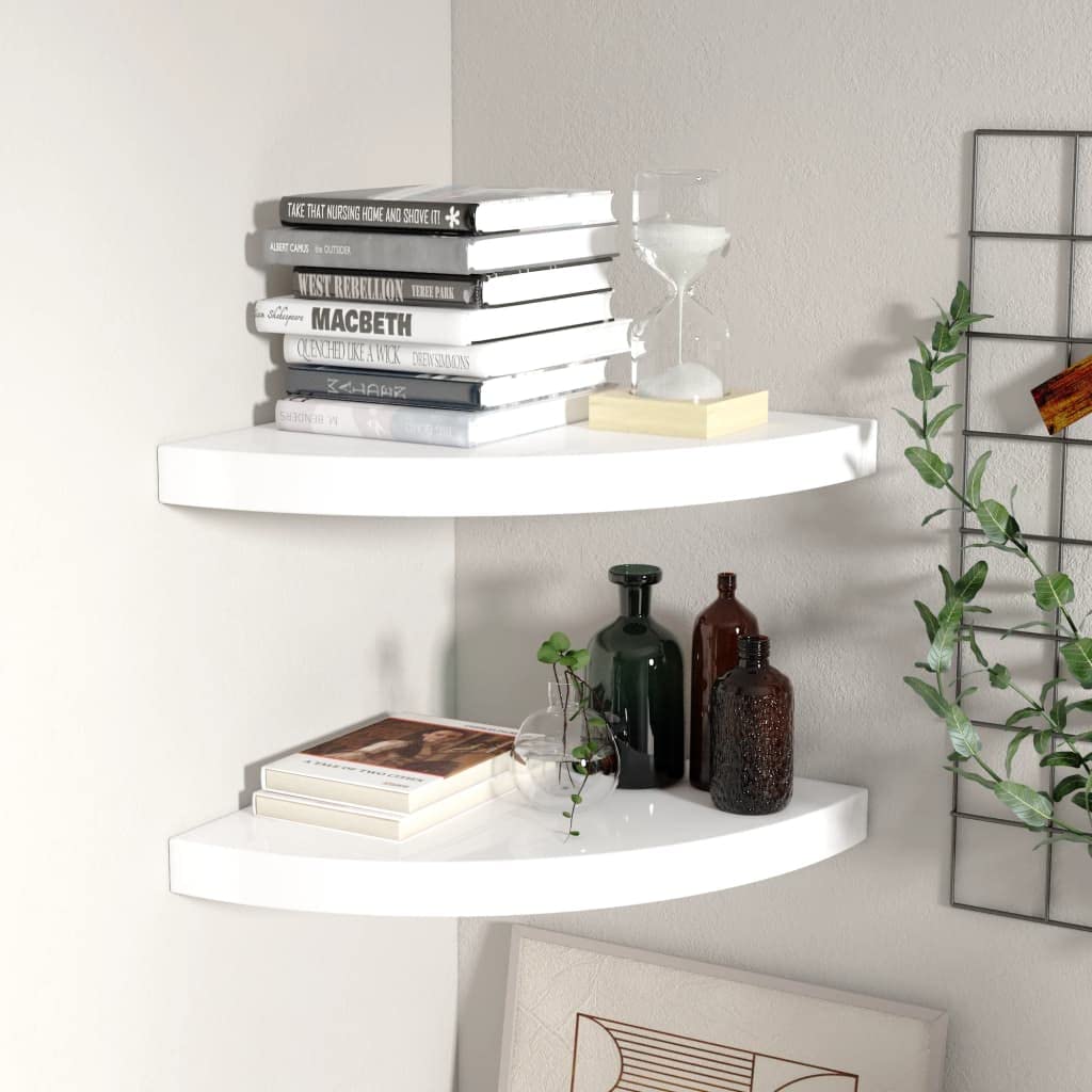 CHARMMA Floating Corner Shelves Set of 2 - High Gloss White 13.8x13.8x1.5 Inch MDF Wall Mounted Shelves (2.8KG) - Perfect for Bathroom, Kitchen, Living Room & Bedroom Storage & Decor