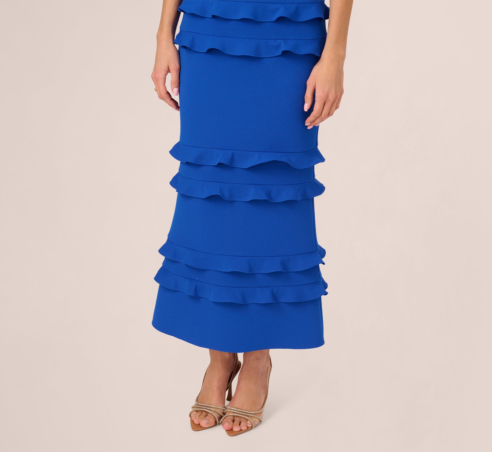 True Blue Sleeveless Crepe Flounce Midi Dress for Women | Elegant Summer Cocktail Party & Wedding Guest Outfit