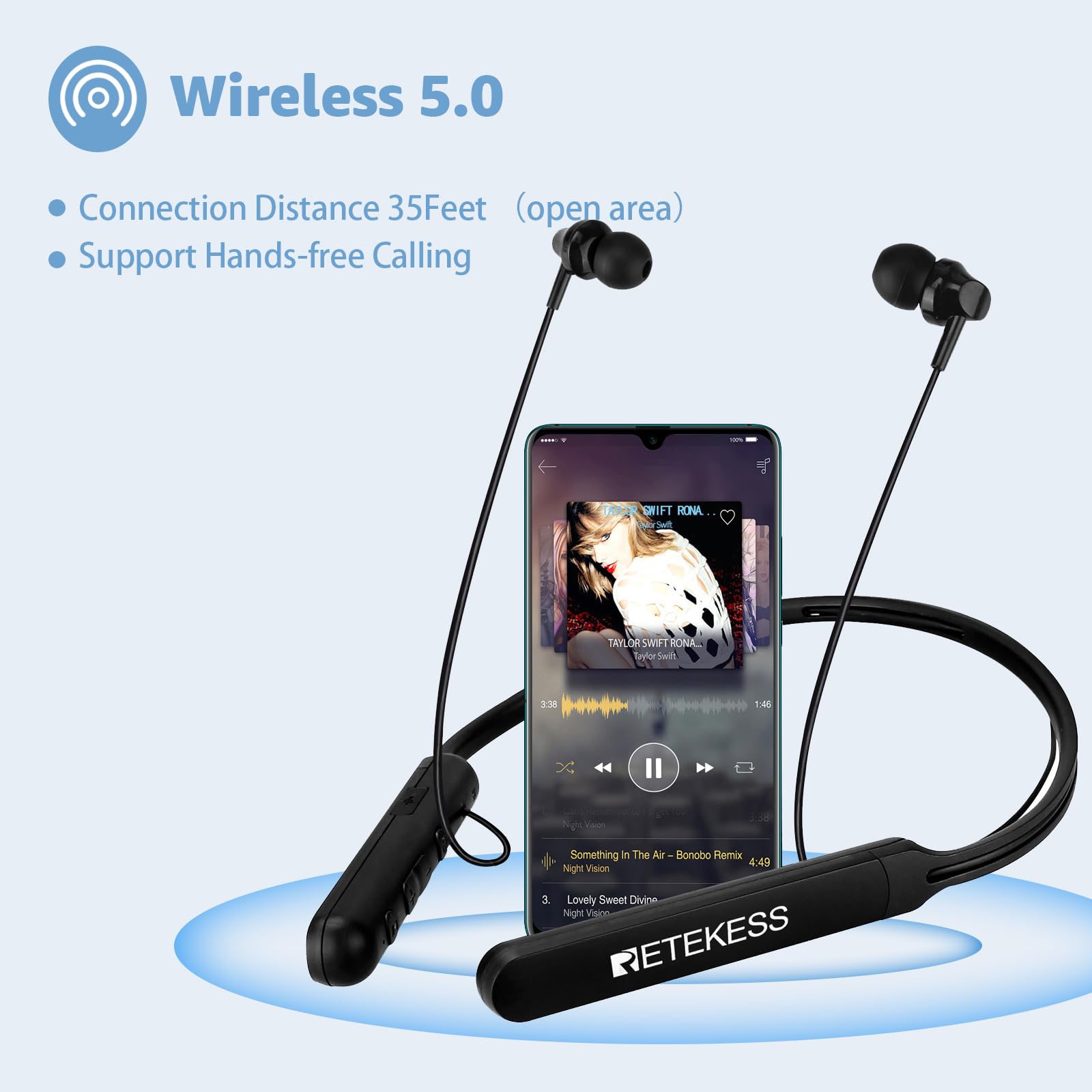 Retekess TR108 Wireless FM Radio Headphones with Digital Display - Stereo FM Radio, Hands-Free Calling, Rechargeable Battery - Perfect for Walking, Jogging, Commuting & Outdoor Activities (Neckband Style)