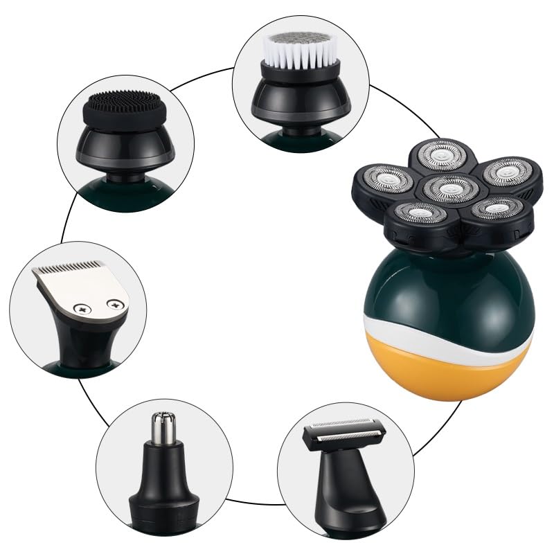 6-in-1 Rechargeable Electric Head Shaver for Bald Men - Floating Heads Wet/Dry Shaving System - Complete Grooming Kit with 7 Attachments - Perfect for Travel, Home Use & Professional Barbers