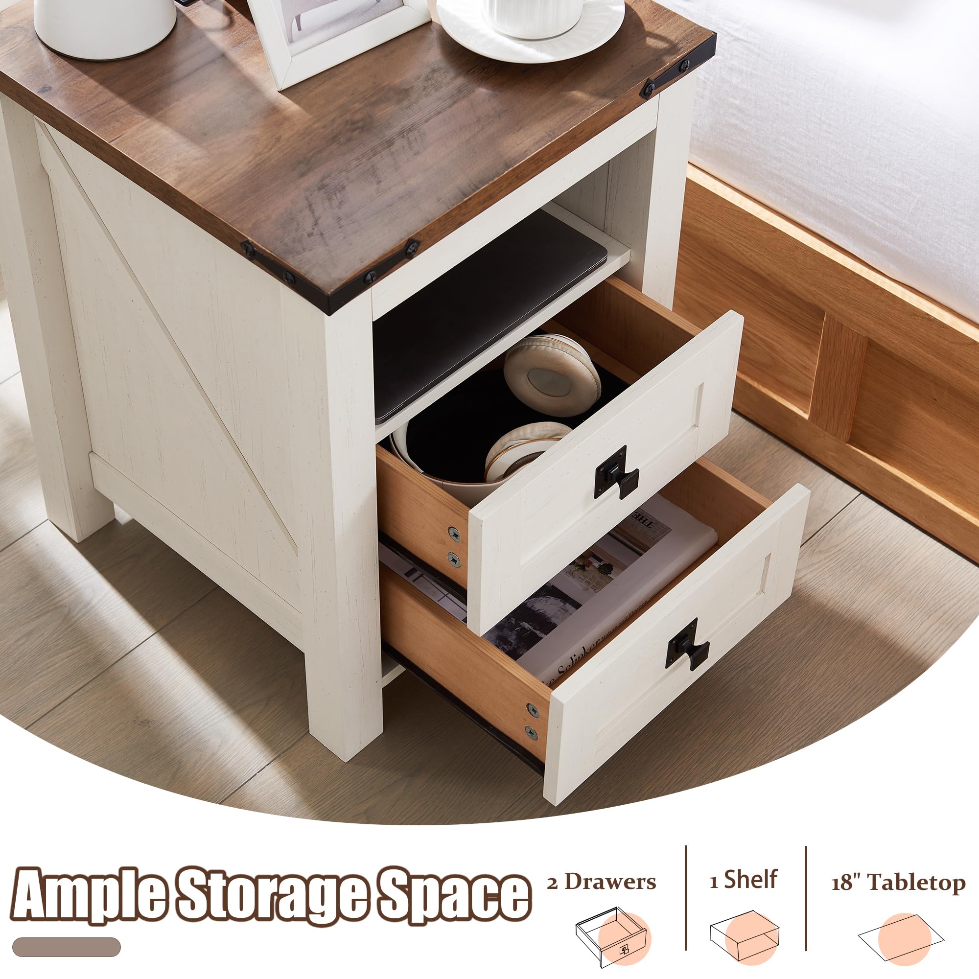 T4TREAM Nightstand with USB Charging Station - 2 Drawer Storage End Table, Side Table for Bedroom & Living Room - Farmhouse Style Rustic Wood Cabinet in Antique White | Perfect for Bedside Organization, Phone Charging & Home Decor
