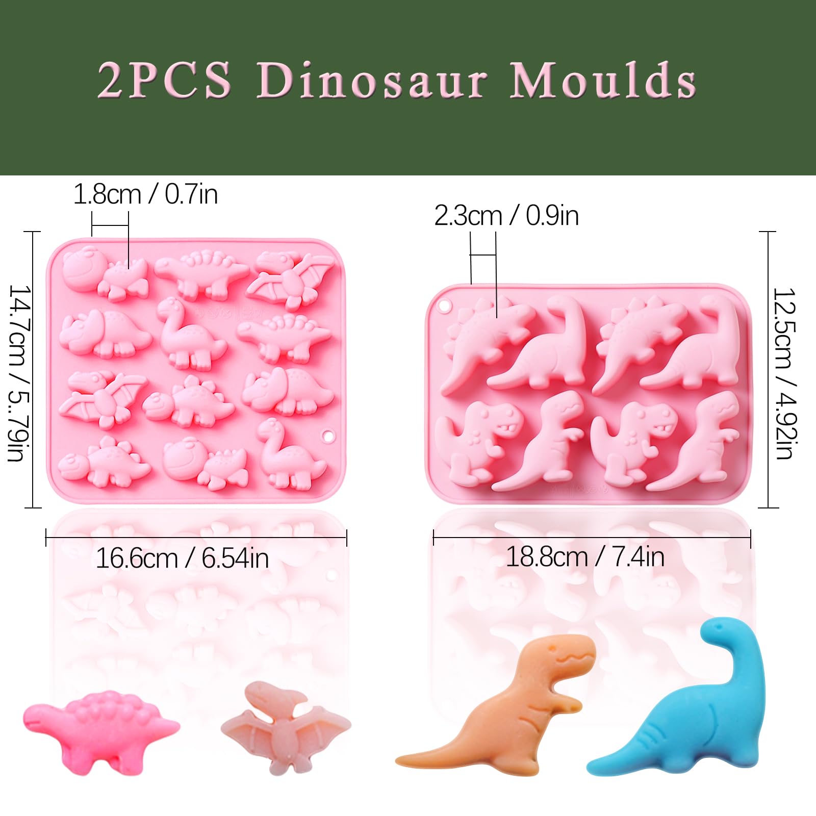 2 Pack Silicone Dinosaur Molds - 20 Cavity 3D Dino Jello, Chocolate, Candy, Cookie & Soap Molds for Baking, Crayons, Desserts, Cupcake Toppers & Cake Decorations (Pink) - Perfect for Kids' Birthday Parties, DIY Crafts & Holiday Treats