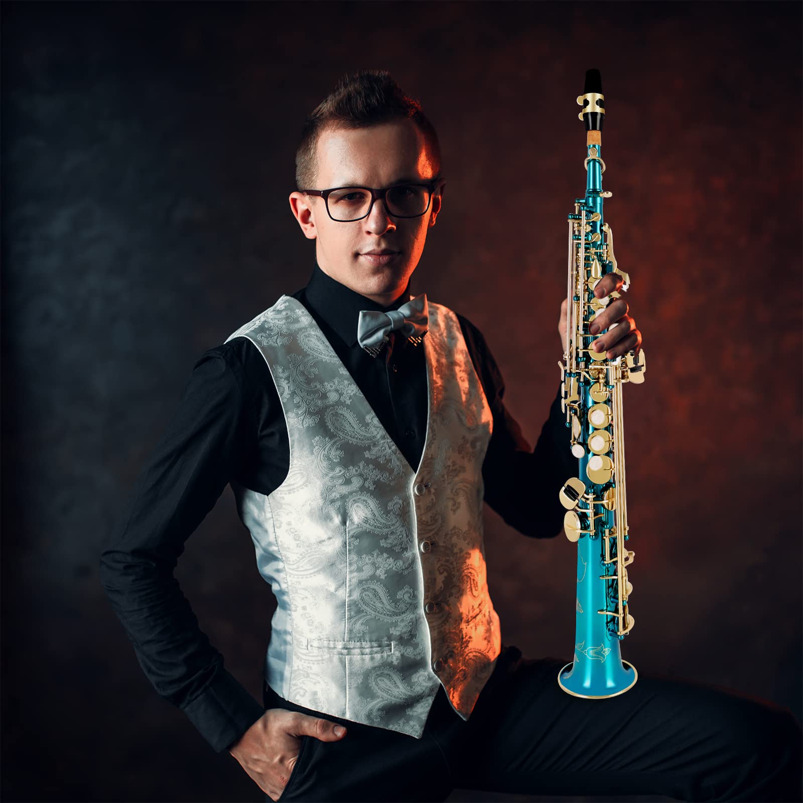 EASTROCK Bb Soprano Saxophone - Professional Straight Sax Instrument for Beginners & Intermediate Players with Carrying Case, Mouthpiece, Pads, Reed, Cleaning Kit, Neck Strap & White Gloves (Lake Blue) | Perfect for School Bands, Jazz Ensembles & Solo Practice
