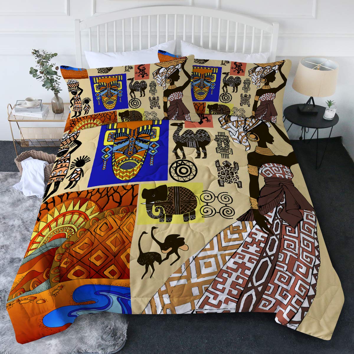 BlessLiving African American Woman Comforter Set - Grunge Collage with Traditional Art Motifs - Lightweight Bedding Quilt Set for Twin/Twin XL Beds - Yellow & Orange - Perfect for Boho Chic Bedrooms & Cultural Home Decor