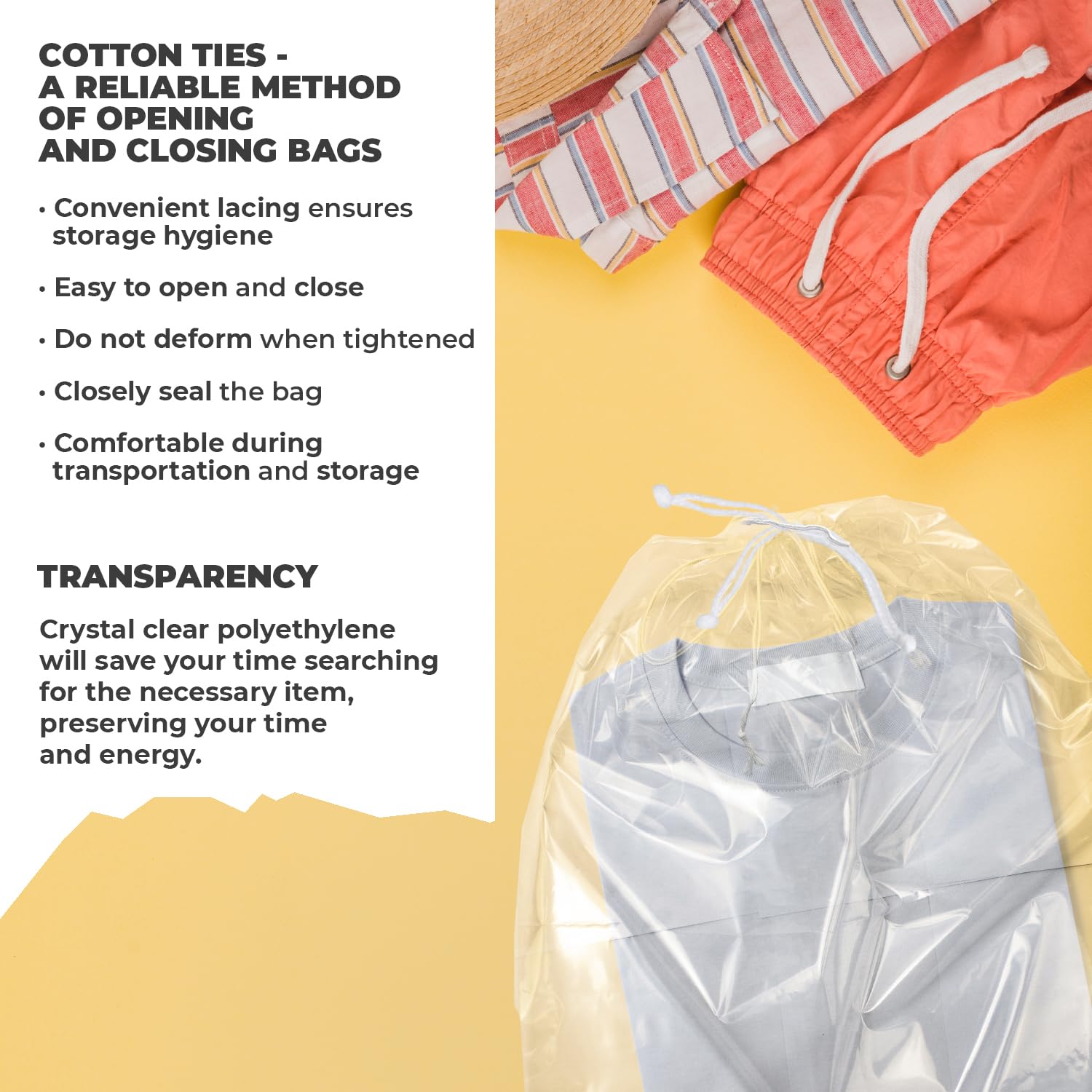 Disposable PE Drawstring Bags 2 Mil Thickness with Double Cotton Drawstrings - Perfect for Travel, Storage & Organization