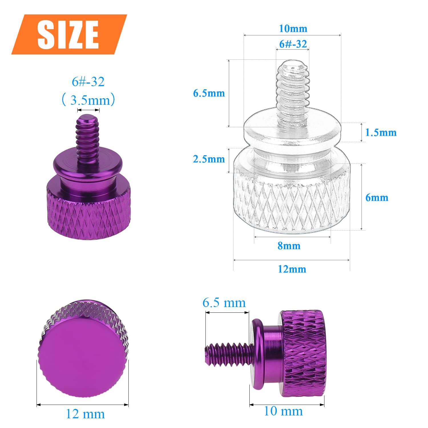 10-Pack 6-32 Thread Purple Anodized Aluminum Thumb Screws for PC Case, Cover, Power Supply & Hard Drives - Secure Computer Hardware Assembly & DIY PC Building Accessories