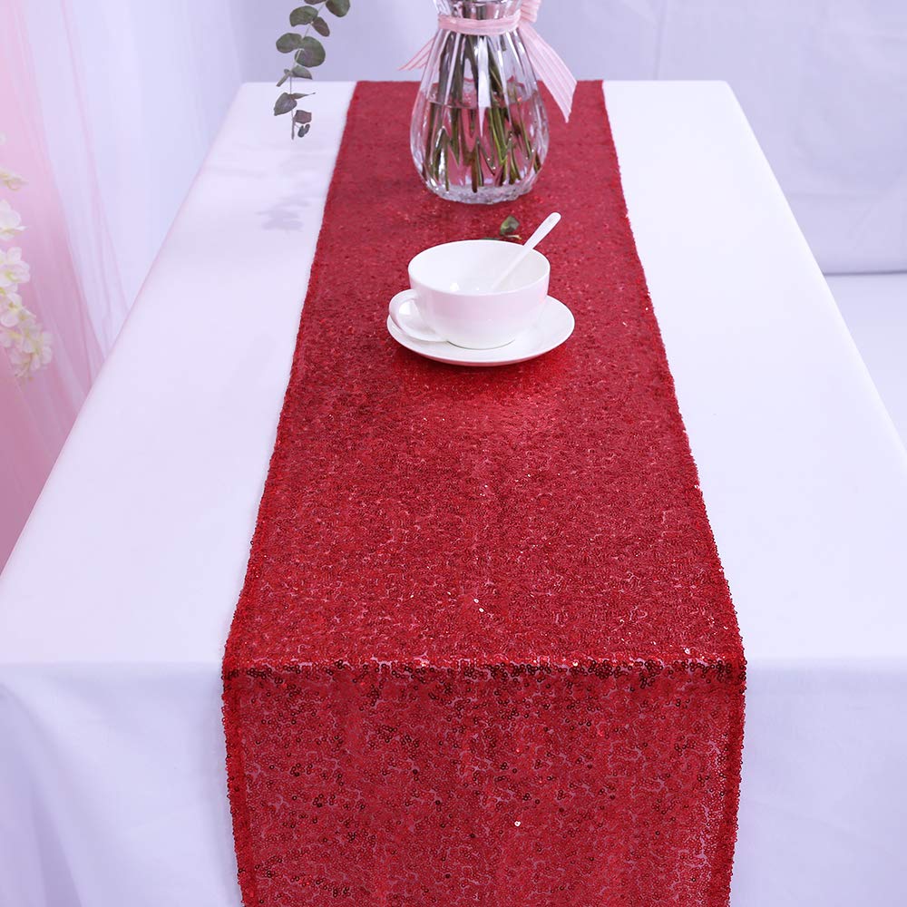 12 by 108-Inch Wedding Red Sequin Table Runner - Elegant Glittering Table Cover for Wedding, Party, Banquet & Holiday Decorations