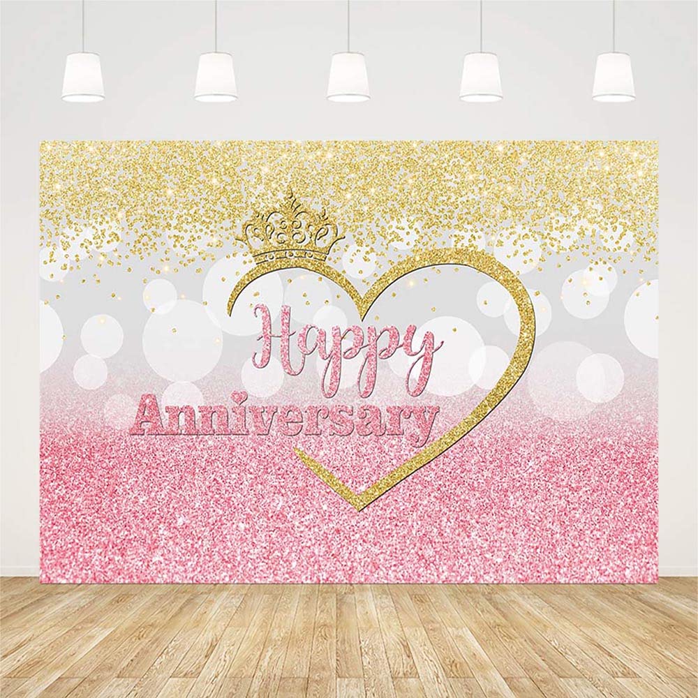 Happy Anniversary Backdrop - Pink Silver Gold Glitter Vinyl Photo Booth Background for 1st, 10th, 50th Wedding Anniversary Decor (7x5ft) | Couple Cheers Crown Design | Party Photography Studio Props | Perfect for Wedding Celebrations, Photo Shoots & Anniversary Parties
