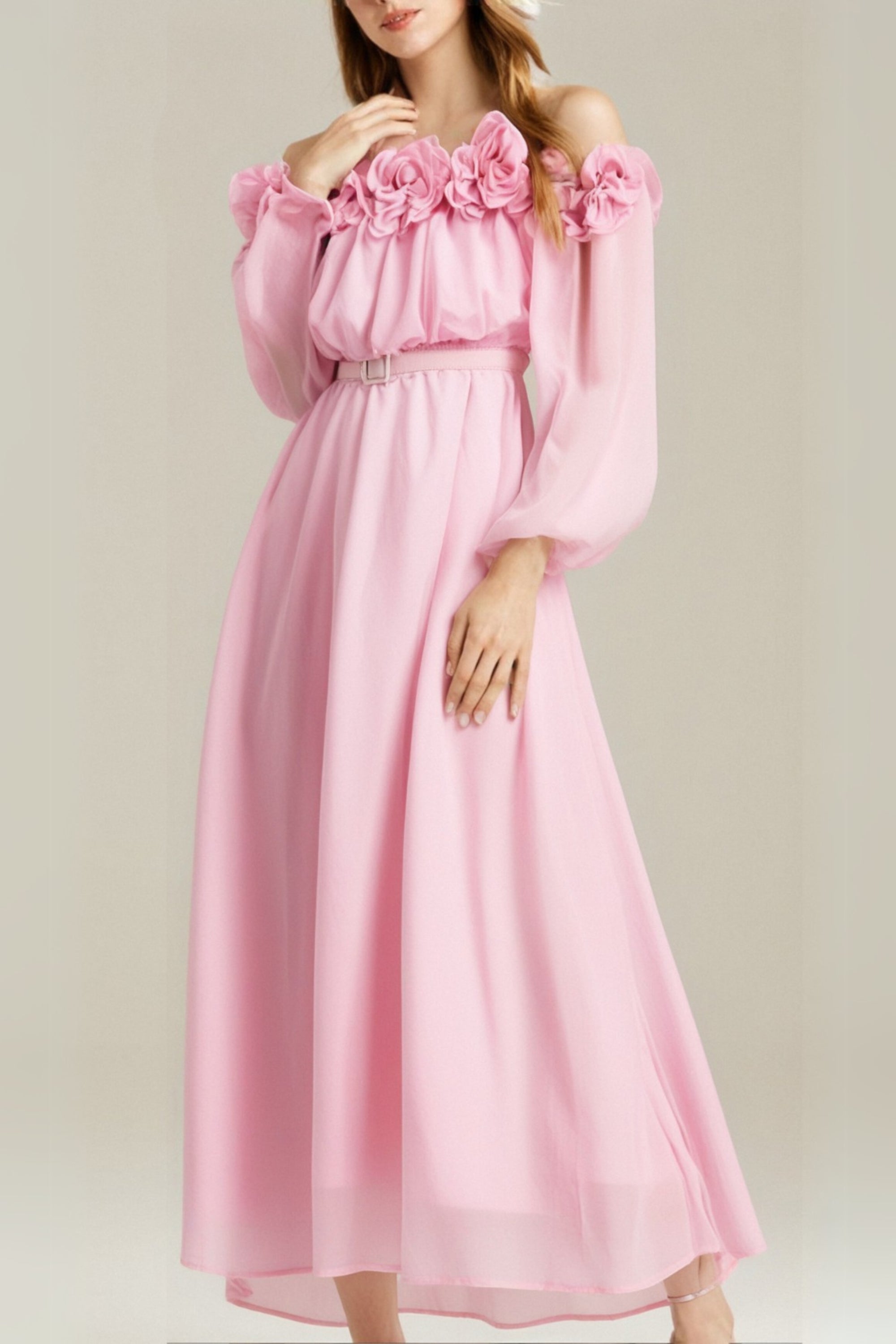 Ascella Floral Shoulder Maxi Dress in Pink - Elegant Summer Beach Wedding Party Dress for Women