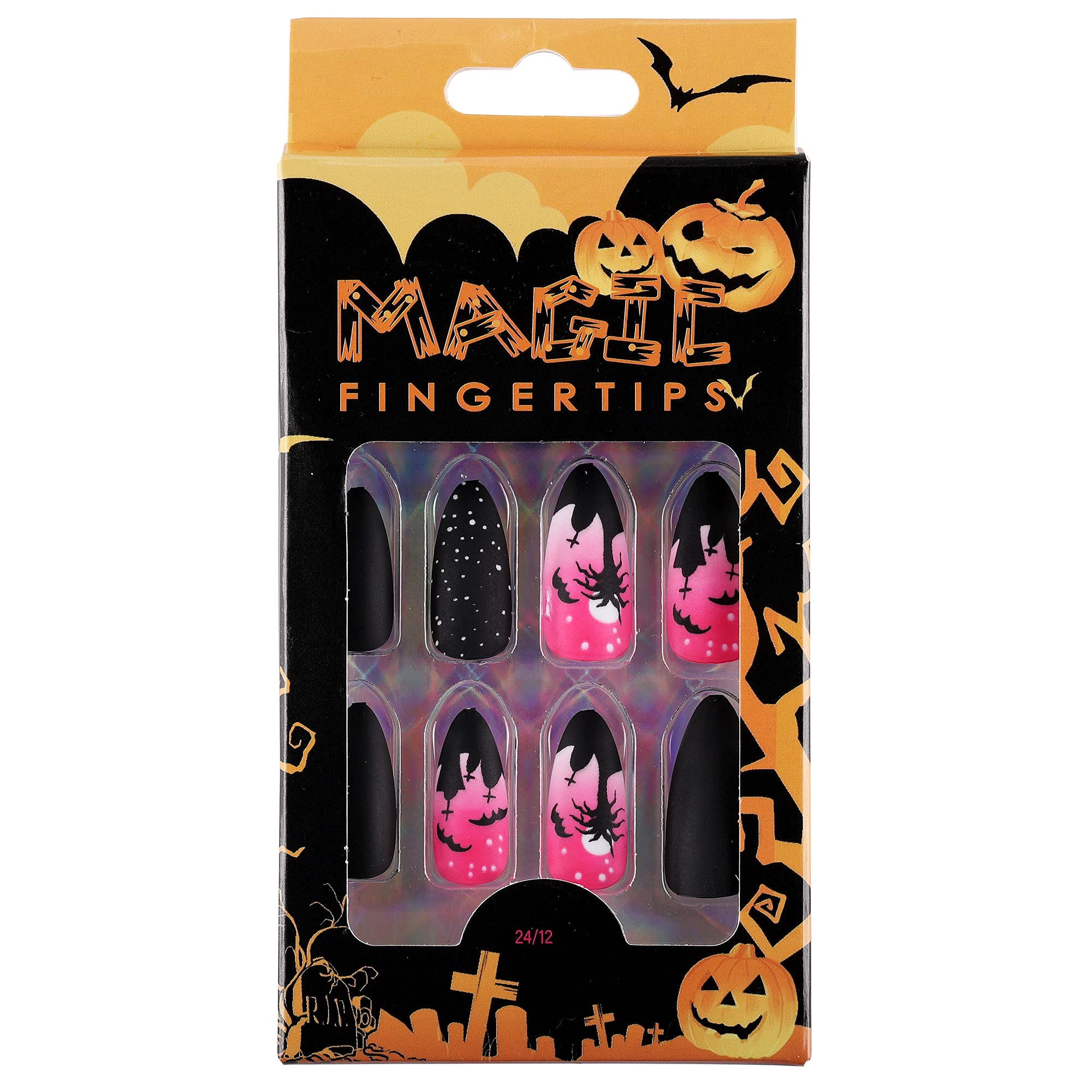 24pcs Halloween Coffin Fake Nails - Medium Length Full Cover Artificial Nails with Spooky Spider Design & 2g Glue for Nail Salon, DIY Nail Art - Perfect for Women's Halloween Party & Gothic Nail Decoration
