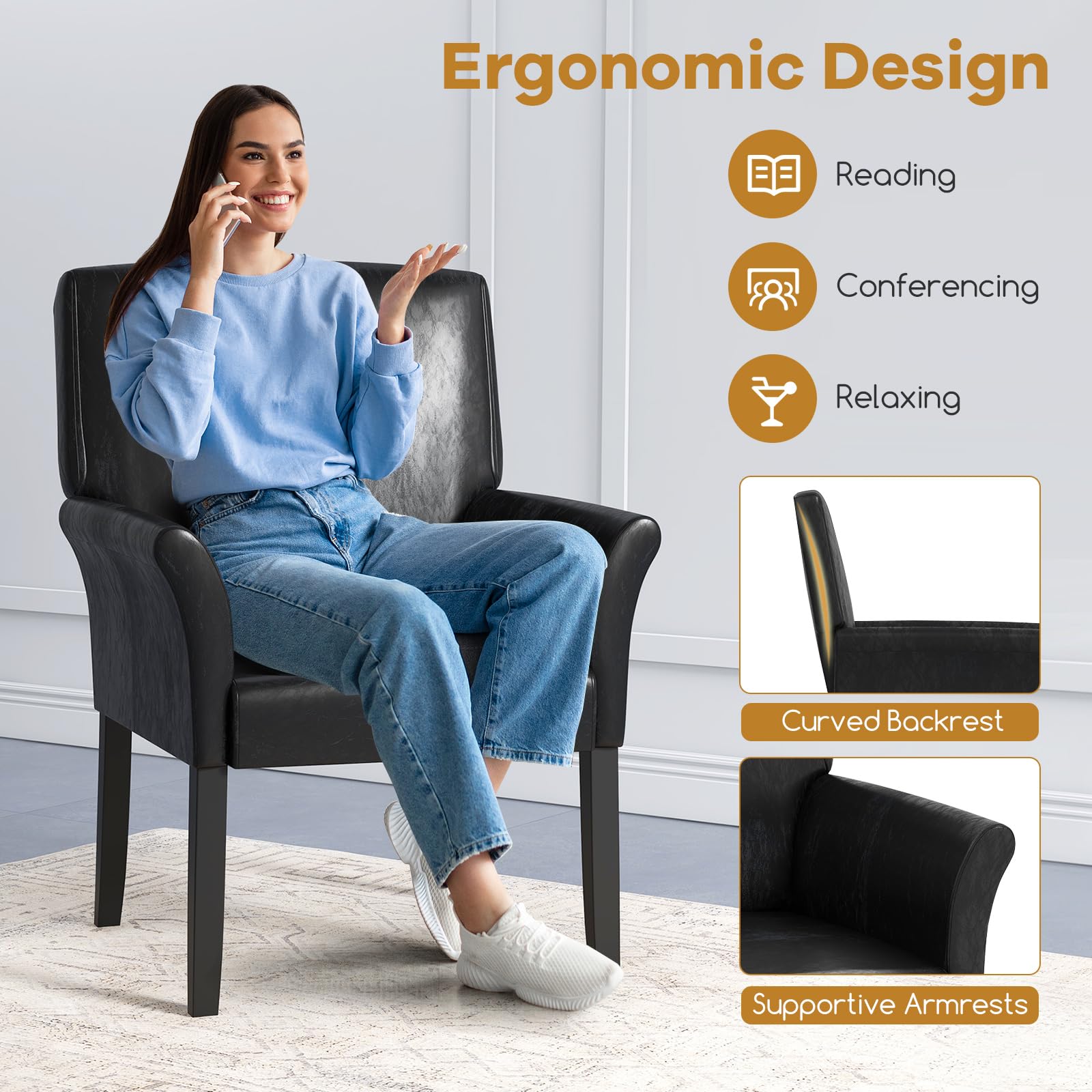 Giantex Faux Leather Office Guest Chair with Arms & Rubber Wood Legs - Comfortable Reception & Executive Accent Armchair for Waiting Room, Meeting Room, Living Room - Perfect for Home Office, Conference Spaces & Lounge Areas