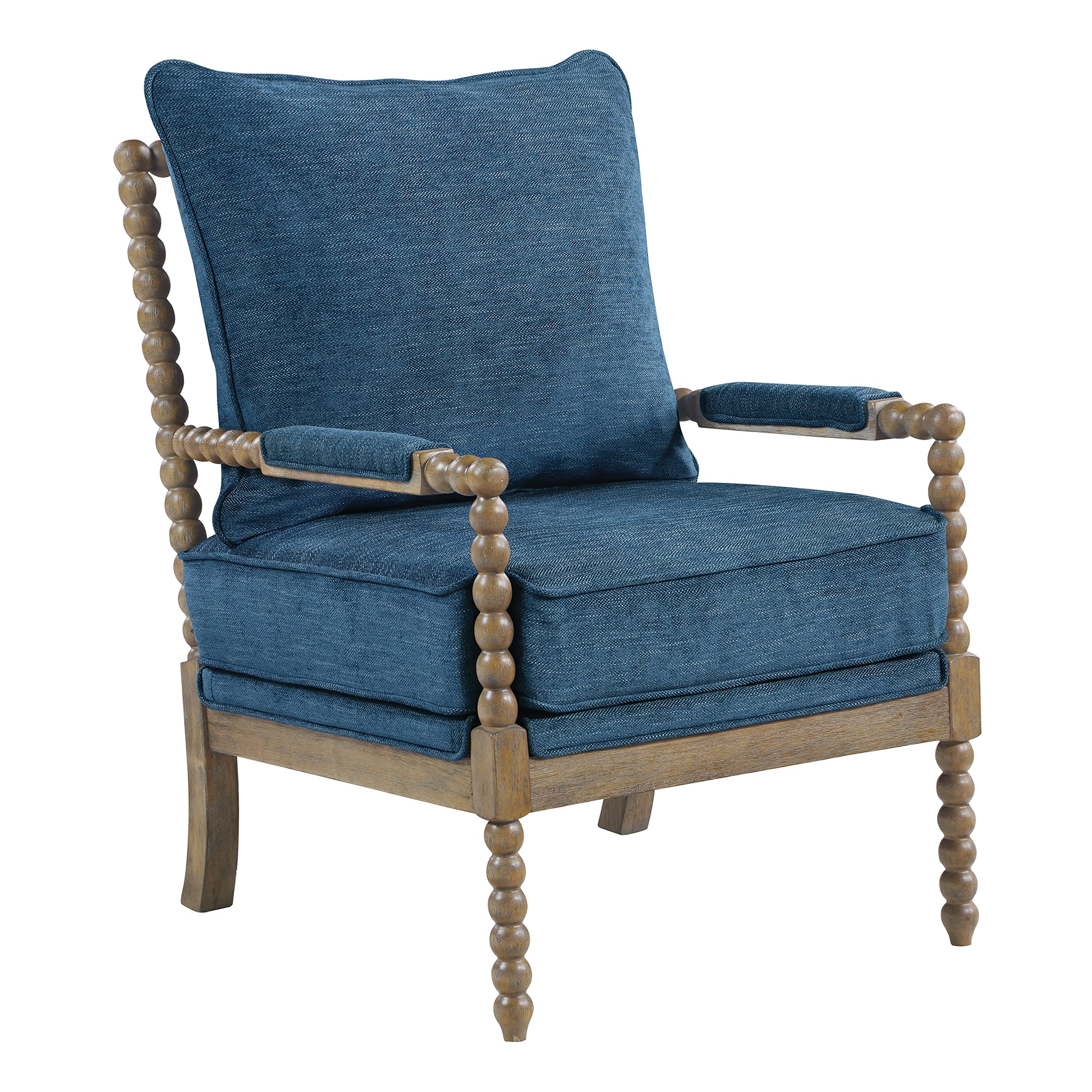 OSP Home Furnishings Fletcher Spindle Accent Chair - Rustic Brown Finish with Navy Blue Upholstery | Perfect for Living Room, Bedroom or Office Decor