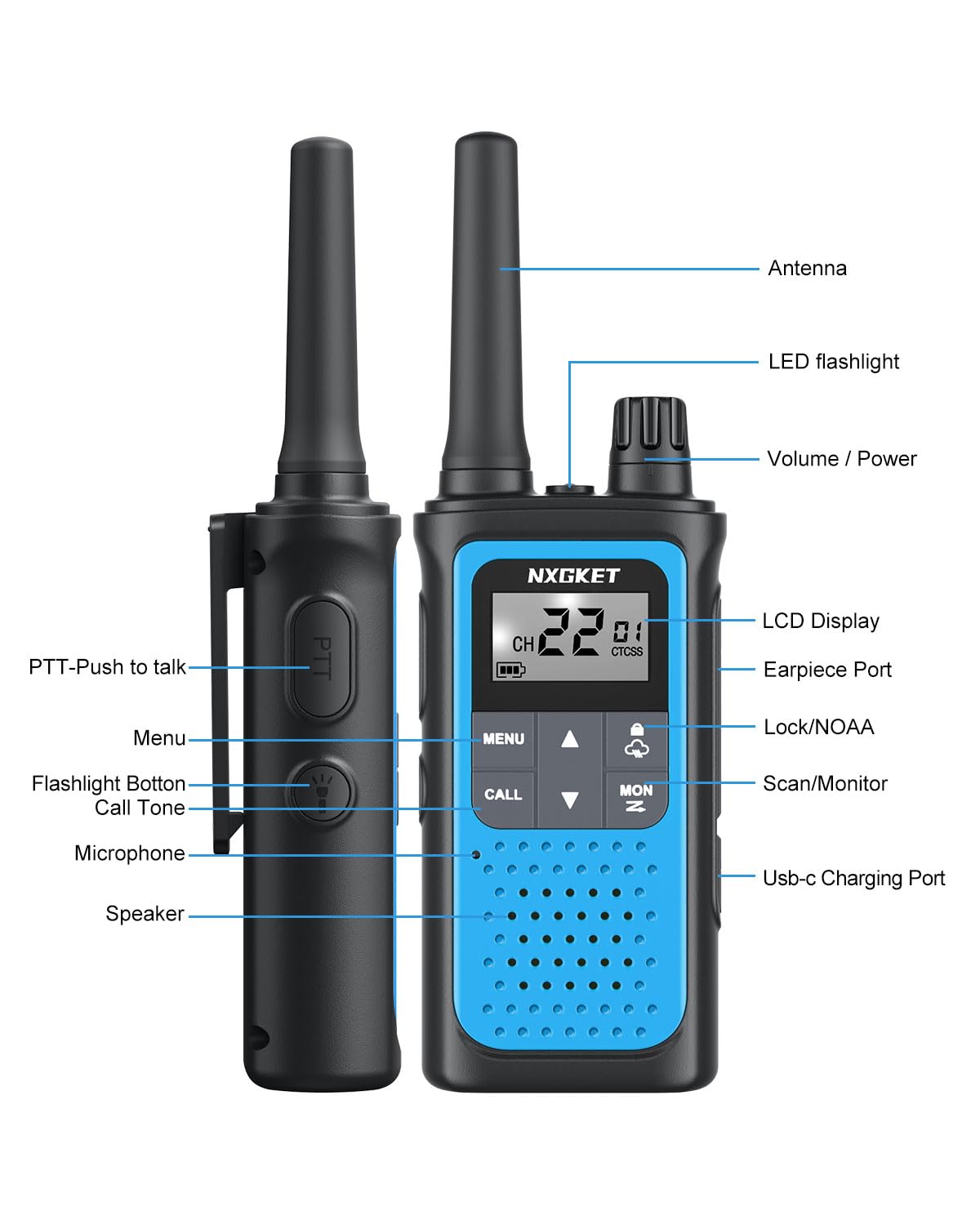 Long Range Walkie Talkies for Adults with NOAA Weather Alerts - Rechargeable 2-Way Radios, 22 Channels, 6 Pack, 1800mAh Li-ion Battery & USB-C Cable - Perfect for Hiking, Camping, and Outdoor Adventures