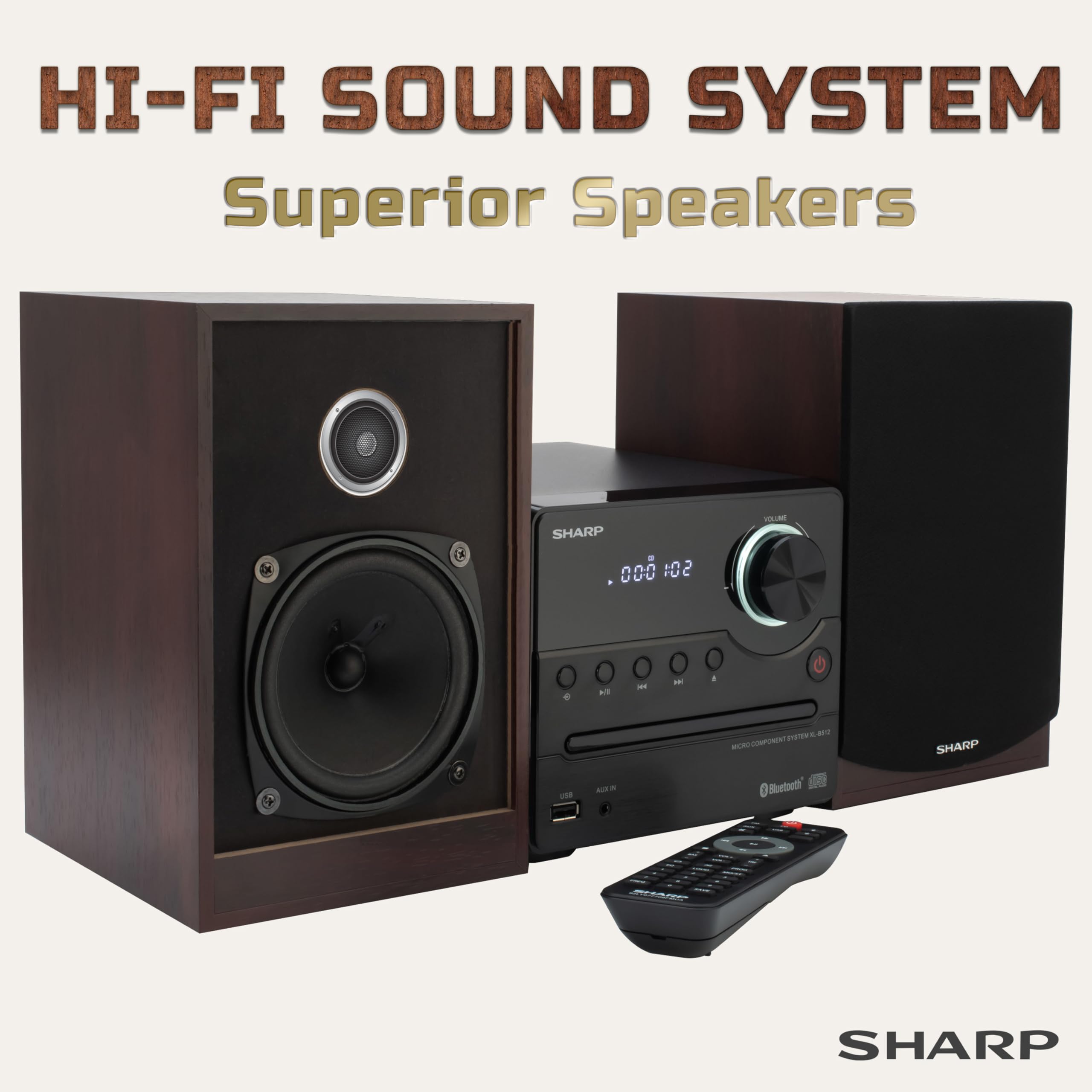 Sharp XL-B512 Wireless Bluetooth CD Player with Wood Speaker System - USB Port, MP3 Playback, FM Stereo Tuner, Aux Input (Mahogany Oak) - Perfect for Home Audio Streaming & Entertainment