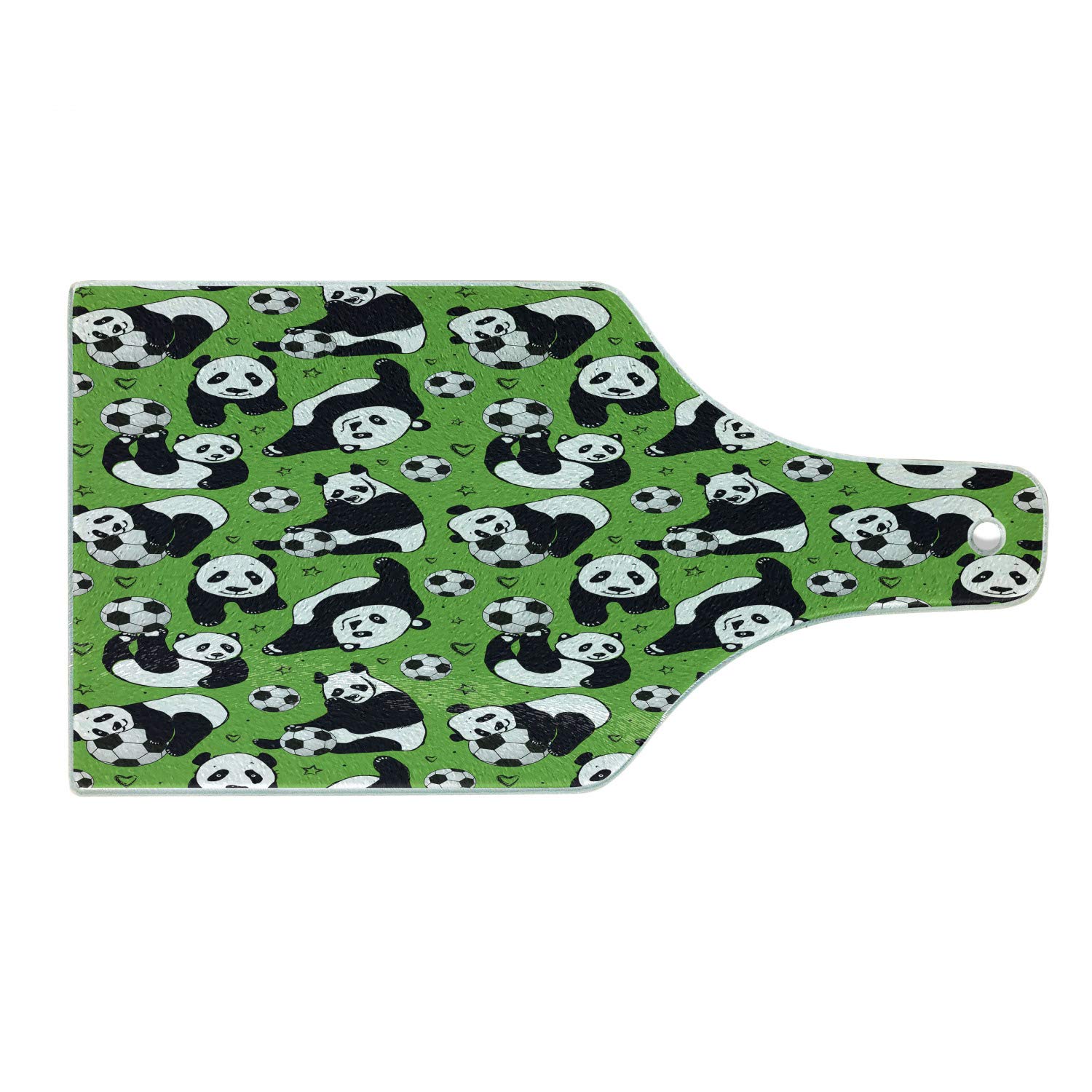 Funny Panda Soccer Cutting Board - Hand Drawn Animal Design with Hearts & Stars - Tempered Glass Serving Board for Kitchen & Party - Wine Bottle Shape in Lime Green, Black & White - Perfect for Food Prep, Charcuterie & Home Decor