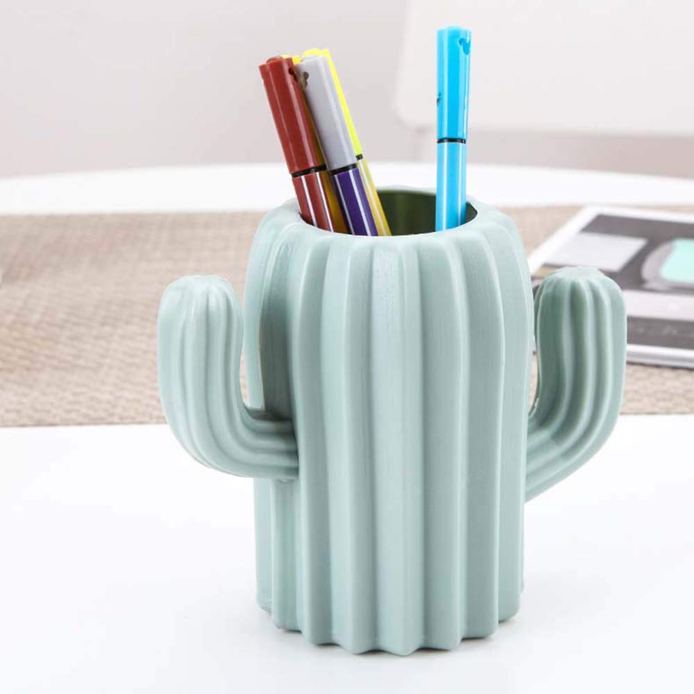 Cactus Pen Holder Desktop Organizer - Cactus-Shaped Pencil Holder & Makeup Brush Storage Box, Stylish Blue Office & Home Decor for Desk Organization (Perfect for Office, Study & Vanity Table)
