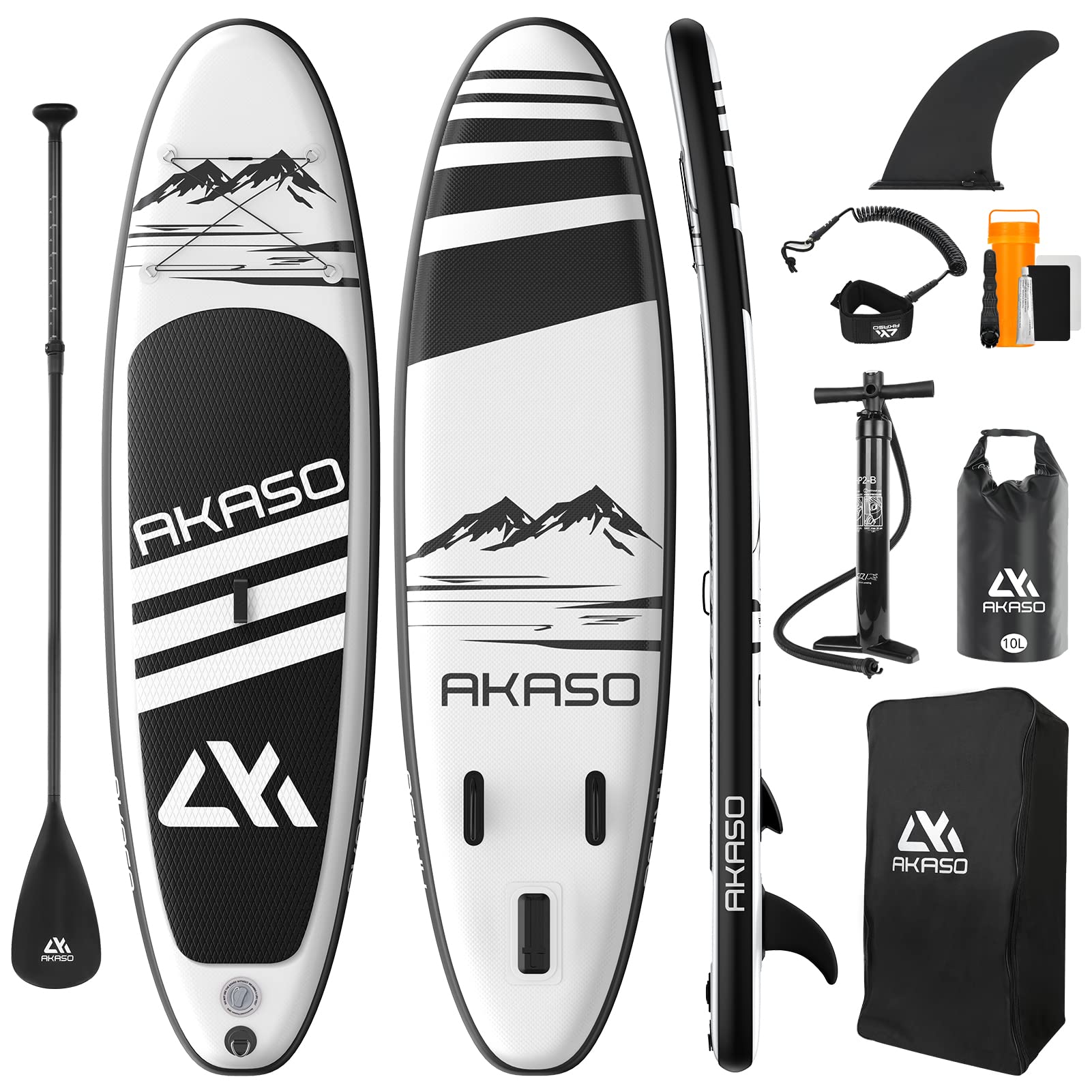 AKASO Inflatable Stand Up Paddle Board with Premium Accessories - Yoga SUP Board Includes Backpack, Non-Slip Deck, Waterproof Bag, Leash, Floating Paddle & Hand Pump (Black) - Perfect for Yoga, Fishing, Surfing & Family Fun on Lakes, Rivers & Oceans