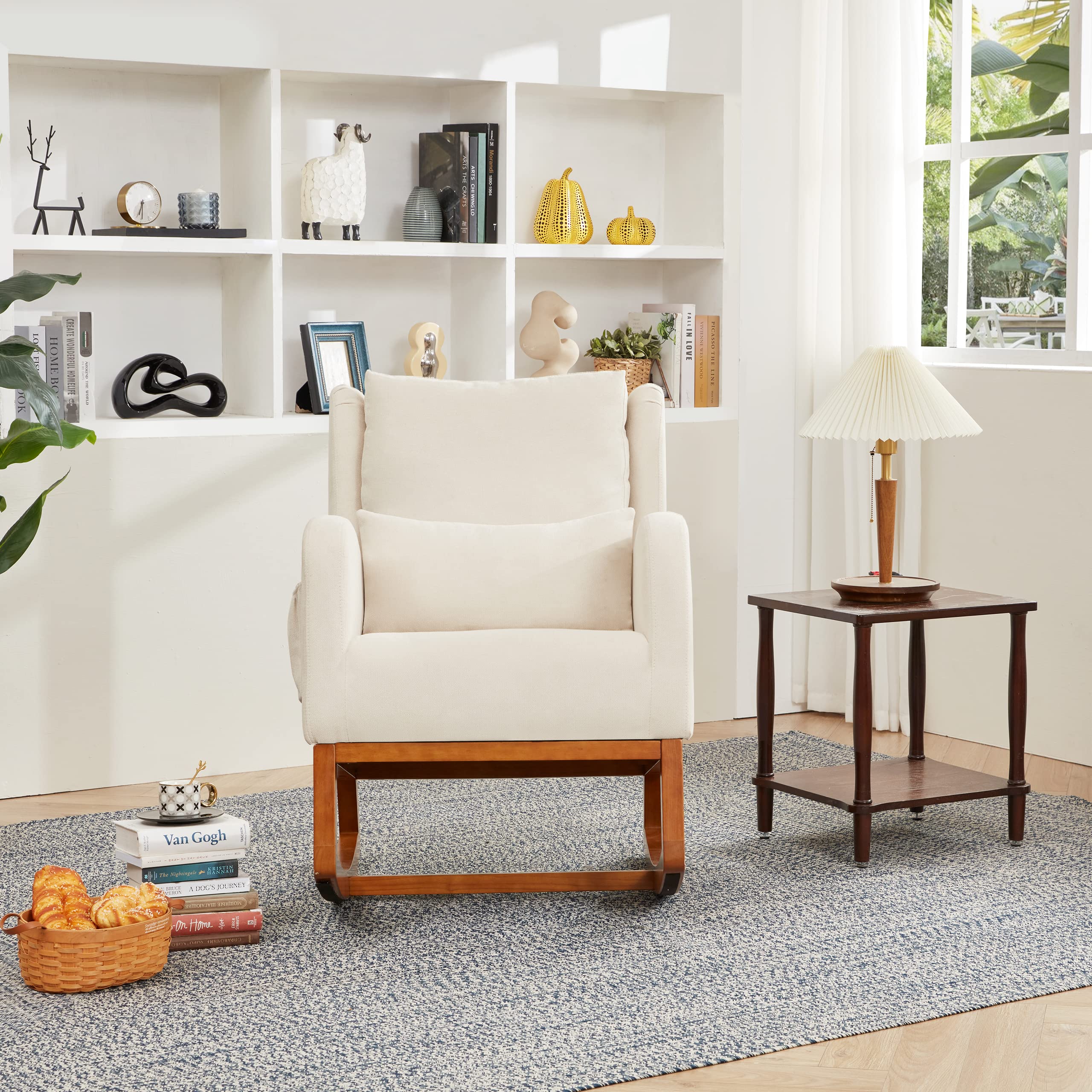 Modern Nursery Glider Rocking Chair with Side Pockets & Lumbar Support - High Back Accent Rocker for Living Room, Bedroom, Nursery - Beige | Perfect for Breastfeeding, Reading Nook & Relaxation