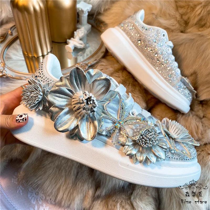 Women's Silver Butterfly Bow Crystal Sneakers - Stylish Platform Shoes with Diamond & Floral Accents | Comfortable Fashion Footwear for Parties, Weddings & Everyday Wear